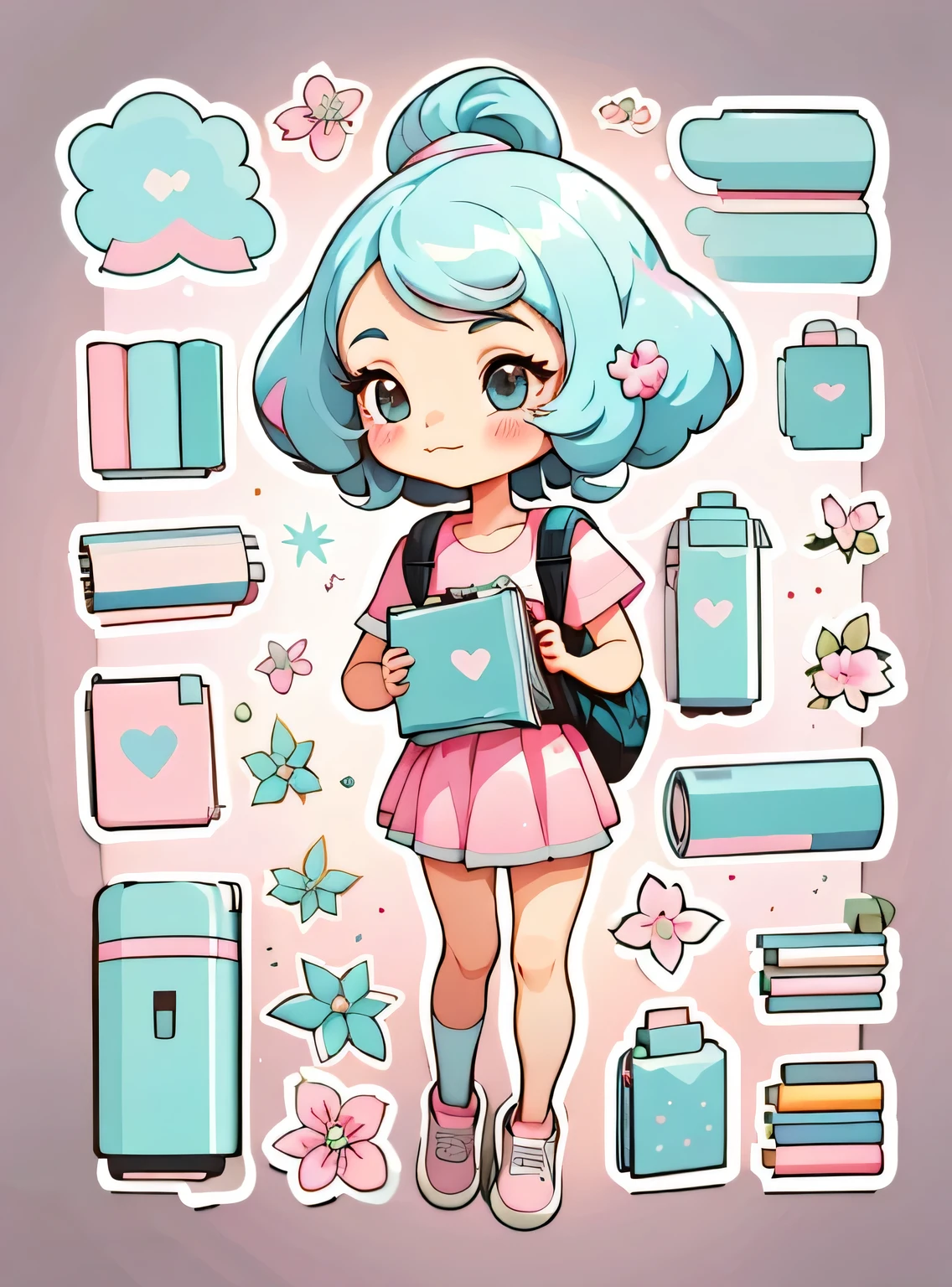 1 adesivo, manual, (uma garota estilosa, modelo, Top rosa, saco das senhoras, lots of Bonitinho cosmetics, caderno, papelaria, tissue, Bonitinho pouch), fundo roxo e azul, fundo simples, minimum, Bonitinho, pequeno, cor pastel, estilo vetorial, sem gradiente,