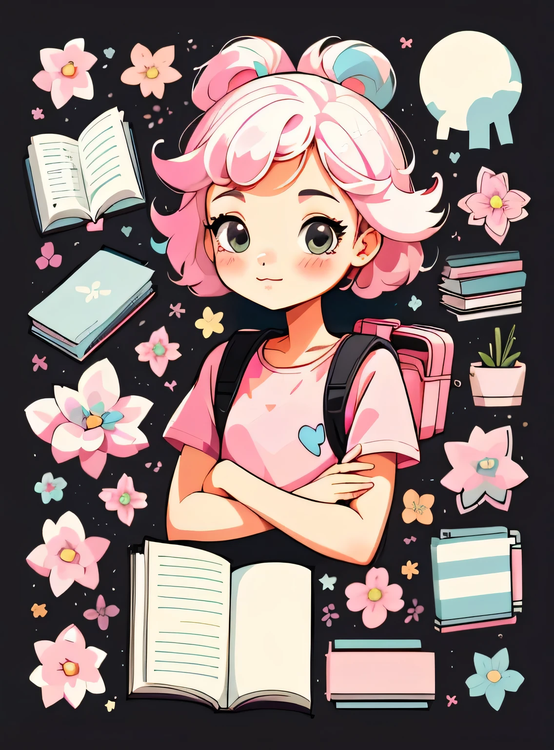 1 adesivo, manual, (uma garota estilosa, modelo, Top rosa, fresco e fresco), fundo rosa e preto, fundo simples, minimum, livros, computador, Flores, mochila, elementos escolares, Bonitinho, pequeno, cor pastel, estilo vetorial, sem gradiente,sorridente