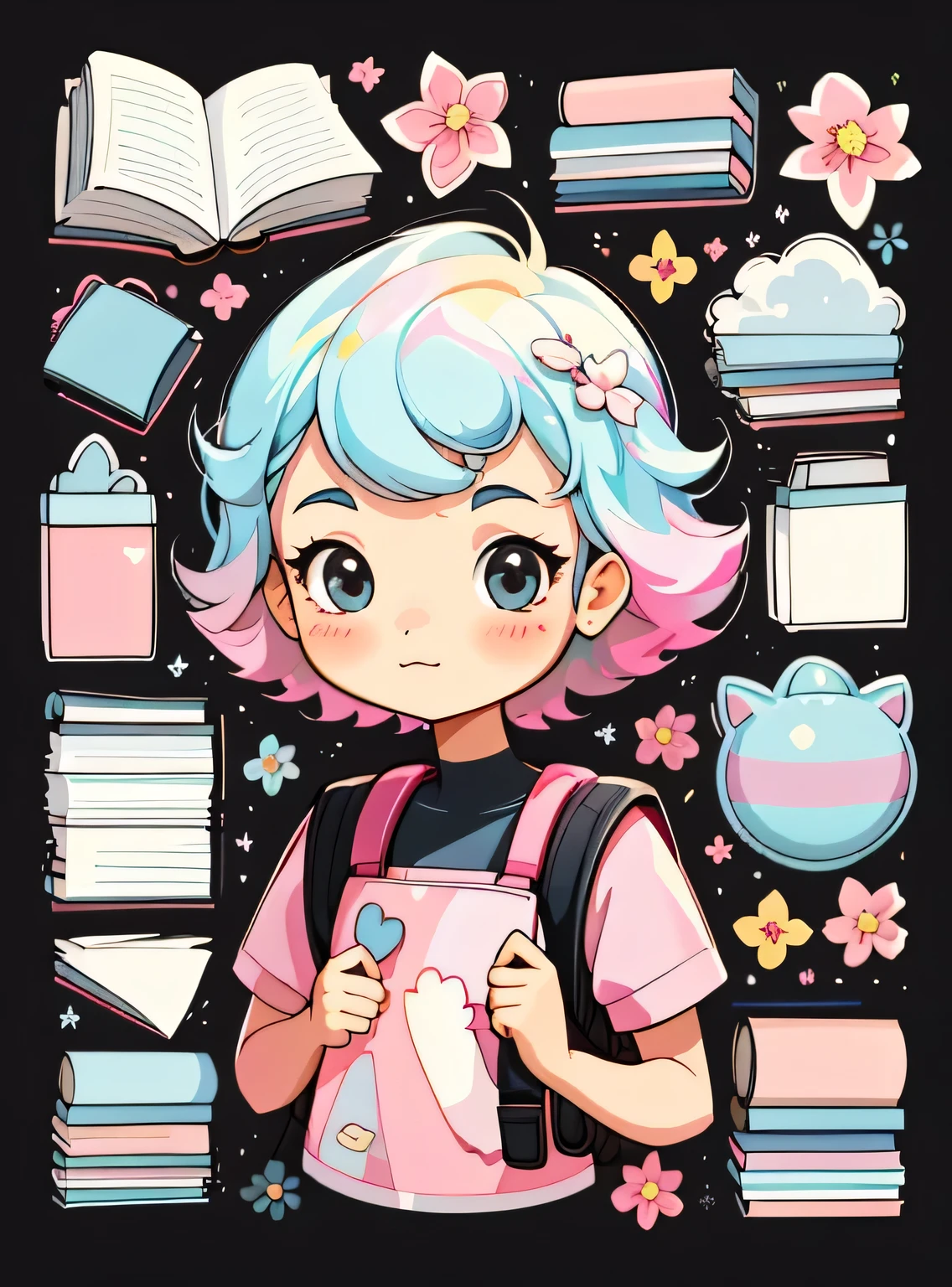 1 adesivo, manual, (uma garota estilosa, modelo, Top rosa, fresco e fresco), fundo rosa e preto, fundo simples, minimum, livros, computador, Flores, mochila, elementos escolares, Bonitinho, pequeno, cor pastel, estilo vetorial, sem gradiente,sorridente