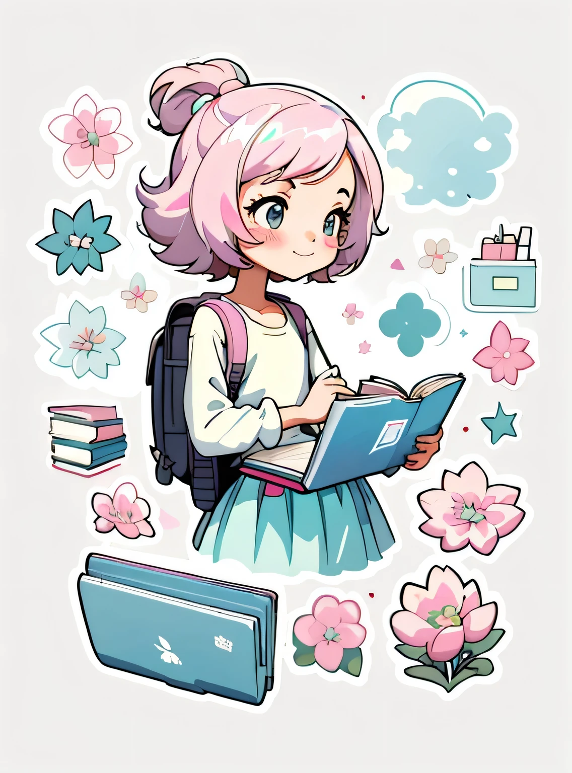 1 adesivo, manual, (uma garota estilosa, modelo, Topo branco, fresco e fresco), fundo rosa e branco, fundo simples, minimum, livros, computador, Flores, mochila, elementos escolares, Bonitinho, pequeno, cor pastel, estilo vetorial, sem gradiente,sorridente