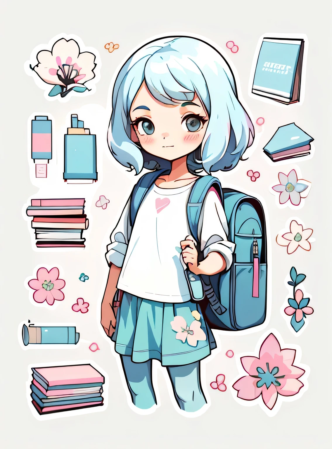 1 adesivo, manual, (uma garota estilosa, modelo, Topo branco, fresco e fresco), fundo rosa e branco, fundo simples, minimum, livros, computador, Flores, mochila, elementos escolares, Bonitinho, pequeno, cor pastel, estilo vetorial, sem gradiente,sorridente