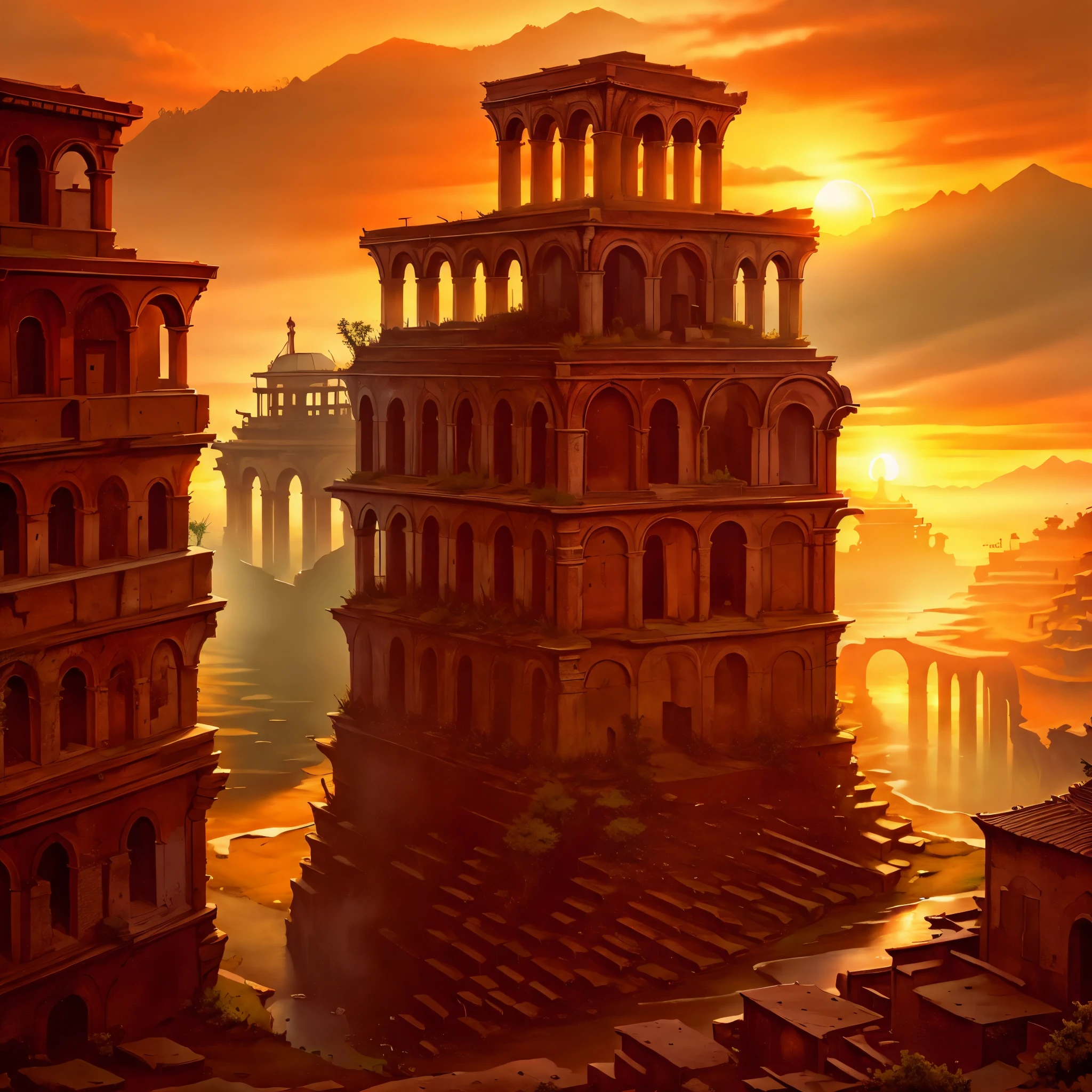 landscape RomaPunkAI,sunset,gorgeous color grading,masterpiece