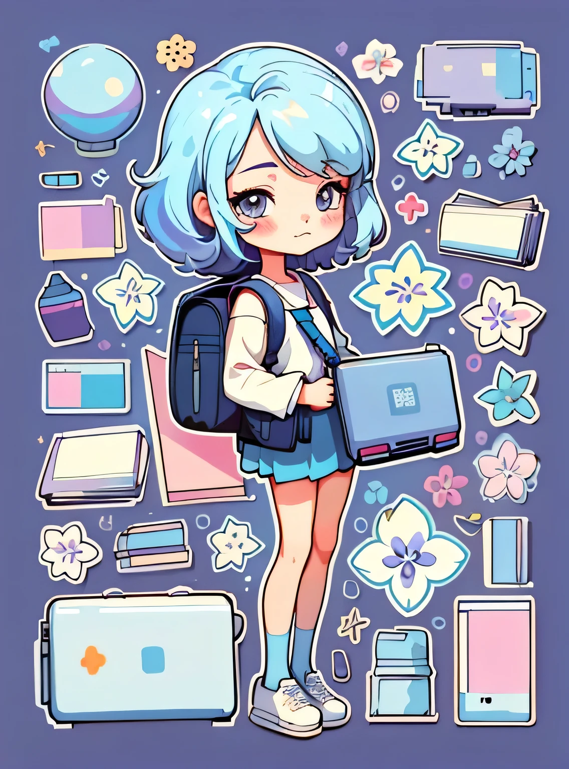 1 adesivo, manual, (uma garota estilosa, modelo, Topo branco, fresco e fresco), fundo roxo e azul, fundo simples, minimum, livros, computador, Flores, mochila, elementos escolares, Bonitinho, pequeno, cor pastel, estilo vetorial, sem gradiente,sorridente