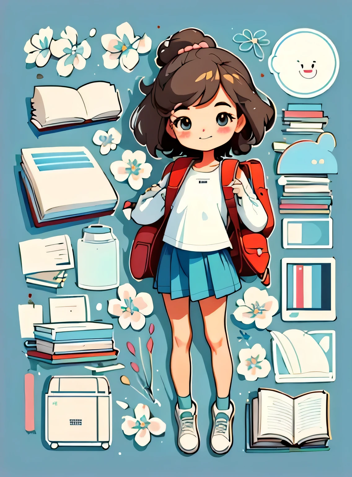 1 adesivo, manual, (uma garota estilosa, modelo, Topo branco, fresco e fresco), fundo marrom e azul, fundo simples, minimum, livros, computador, Flores, mochila, elementos escolares, Bonitinho, pequeno, cor pastel, estilo vetorial, sem gradiente，sorridente
