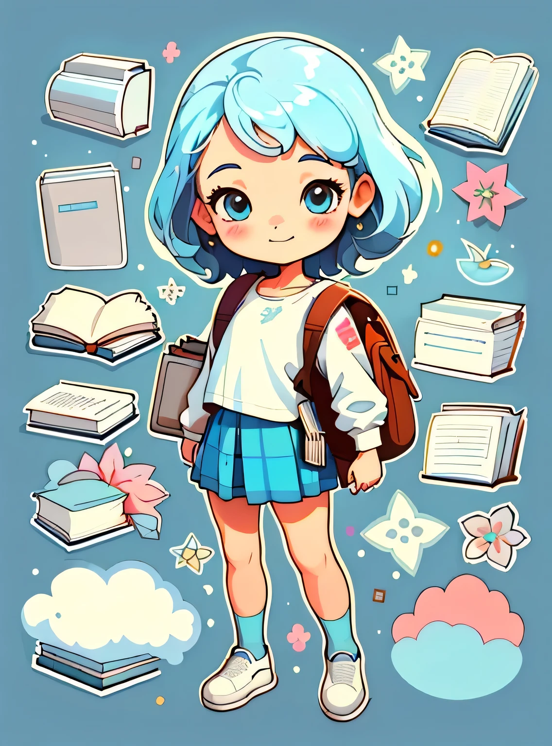 1 adesivo, manual, (uma garota estilosa, modelo, Topo branco, fresco e fresco), fundo marrom e azul, fundo simples, minimum, livros, computador, Flores, mochila, elementos escolares, Bonitinho, pequeno, cor pastel, estilo vetorial, sem gradiente,sorridente