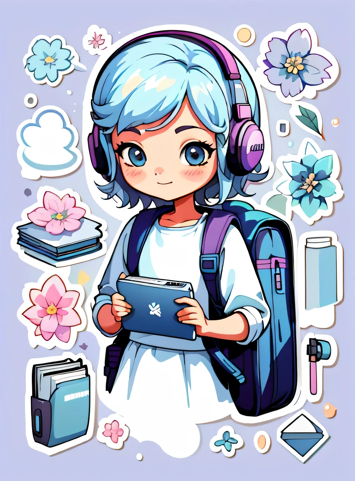 1 adesivo, manual, (uma garota estilosa, modelo, Topo branco, fresco e fresco), fundo roxo e azul, fundo simples, minimum, fones de ouvido, livros, computador, Flores, mochila, elementos escolares, Bonitinho, pequeno, cor pastel, estilo vetorial, sem gradiente,sorridente