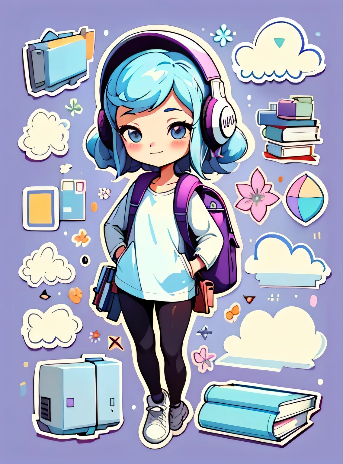 1 adesivo, manual, (uma garota estilosa, modelo, Topo branco, fresco e fresco), fundo roxo e azul, fundo simples, minimum, fones de ouvido, livros, computador, Flores, mochila, elementos escolares, Bonitinho, pequeno, cor pastel, estilo vetorial, sem gradiente,sorridente