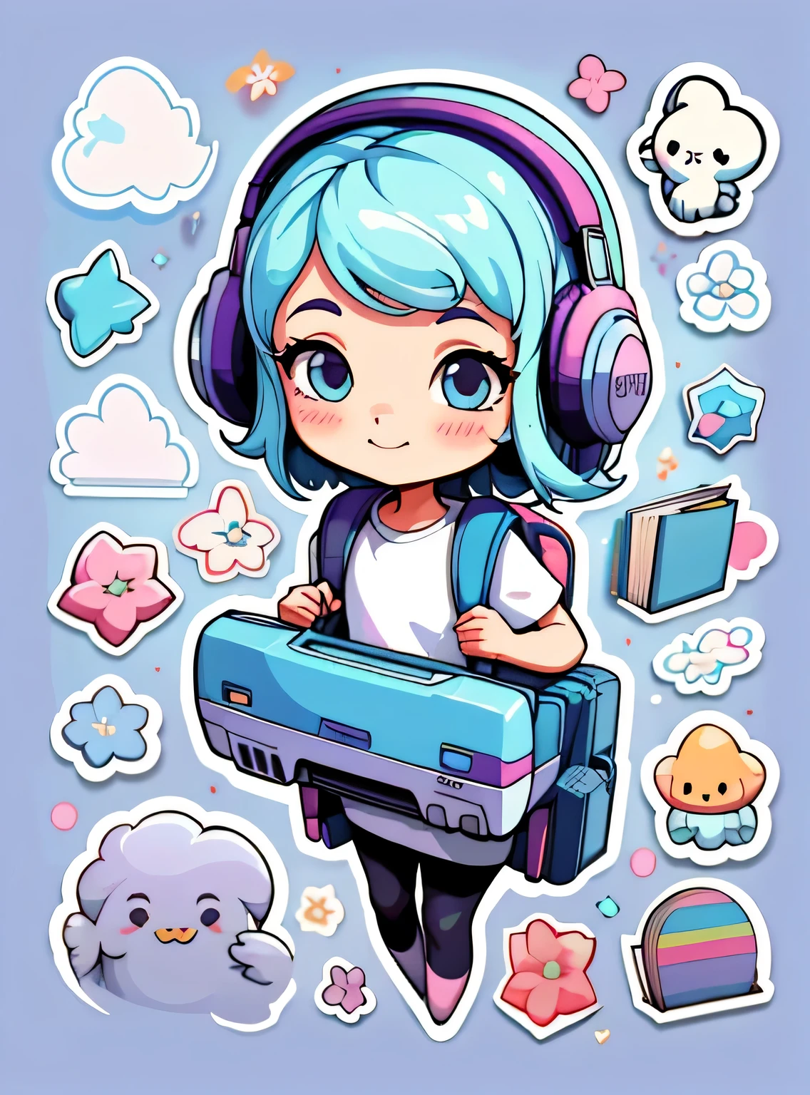 1 adesivo, manual, (uma garota estilosa, modelo, Topo branco, fresco e fresco), fundo roxo e azul, fundo simples, minimum, fones de ouvido, livros, computador, Flores, mochila, elementos escolares, Bonitinho, pequeno, cor pastel, estilo vetorial, sem gradiente,sorridente