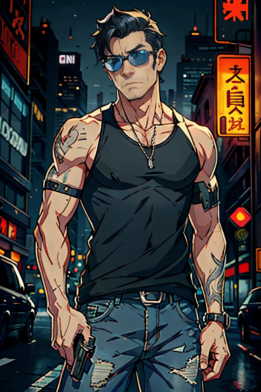 Create an image in the style of Grand Theft Auto V, featuring a man holding a weapon with the backdrop of nighttime buildings. He has black hair with grey temples, wears a black tank top and denim jeans, a split beard, an aquiline nose, and sports dark glasses. The image is in vector format, composed of sixteen vibrant colors. --s2
Create an image in the style of Grand Theft Auto V, illustrating a man brandishing a weapon against the backdrop of dark city buildings. With black hair flecked with grey at the temples, he dons a black tank top and denim pants, bearing a split beard and a chiseled jawline concealed