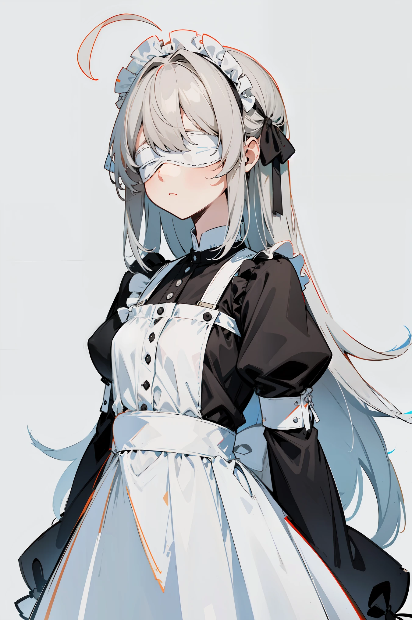 masterpiece, best quality, ultra high quality, 1girl, solo, young with long hair, gray hair, straight hair, blunt bangs, ahoge, hair between eyes, (flowers blindfold), small breasts, flat chest, neutral, innexpressive, :<, wearing a victorian white dress, maid, apron, white dress, suspenders, bare shoulders, detached sleeves, sleeves past fingers, gradient leggings, black pantyhose, upper body, standing, arms behind back, :<, white background, simple background, 