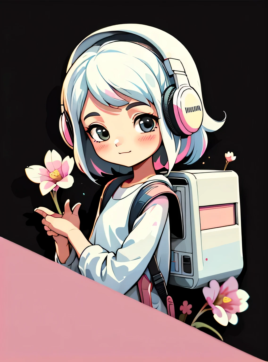 1 adesivo, manual, (uma garota estilosa, modelo, Topo branco, fresco e fresco), fundo rosa e preto, fundo simples, minimum, fones de ouvido, livros, computador, Flores, mochila, elementos escolares, Bonitinho, pequeno, cor pastel, estilo vetorial, sem gradiente,sorridente
