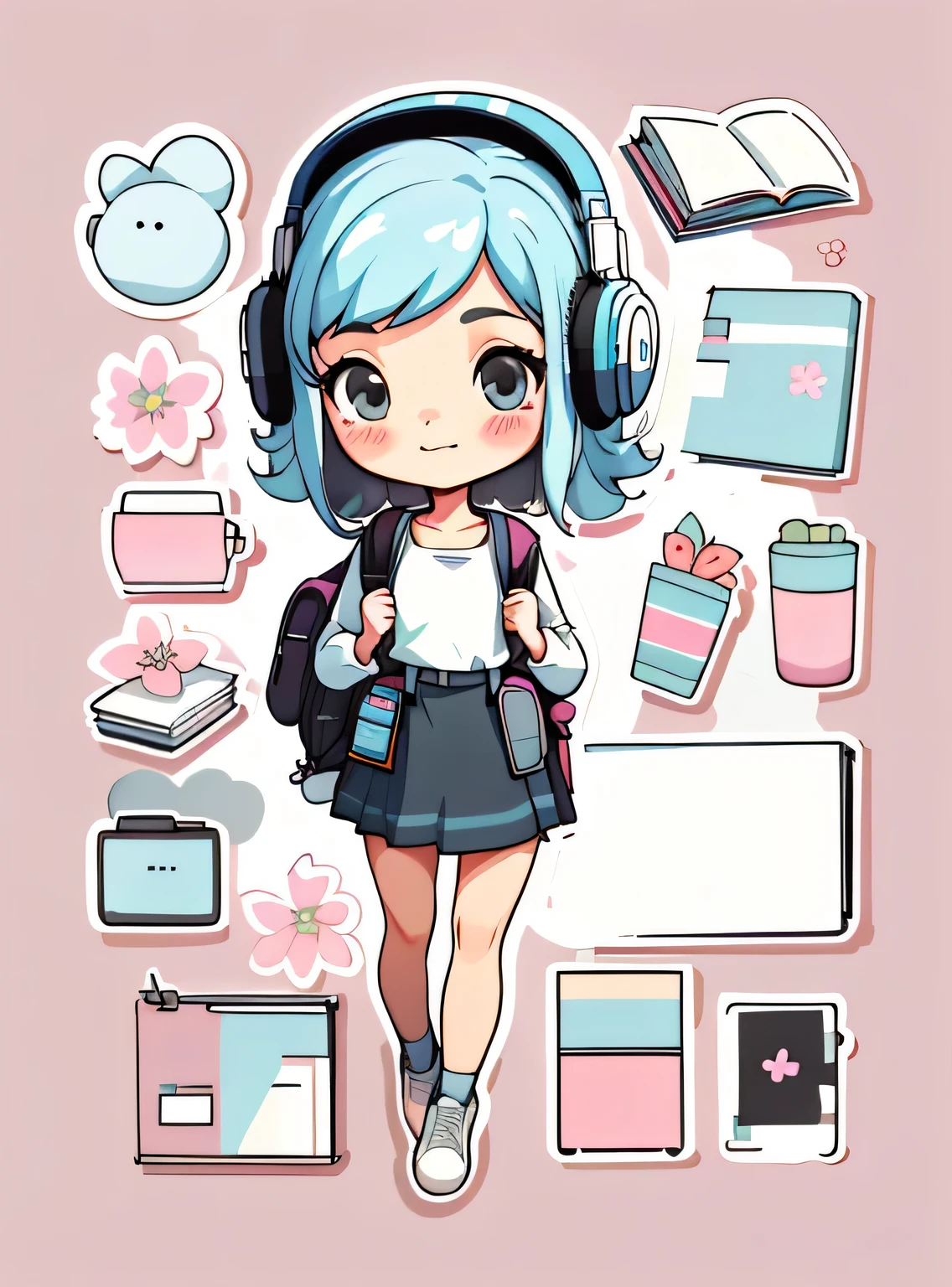 1 adesivo, manual, (uma garota estilosa, modelo, Topo branco, fresco e fresco), fundo rosa e preto, fundo simples, minimum, fones de ouvido, livros, computador, Flores, mochila, elementos escolares, Bonitinho, pequeno, cor pastel, estilo vetorial, sem gradiente,sorridente