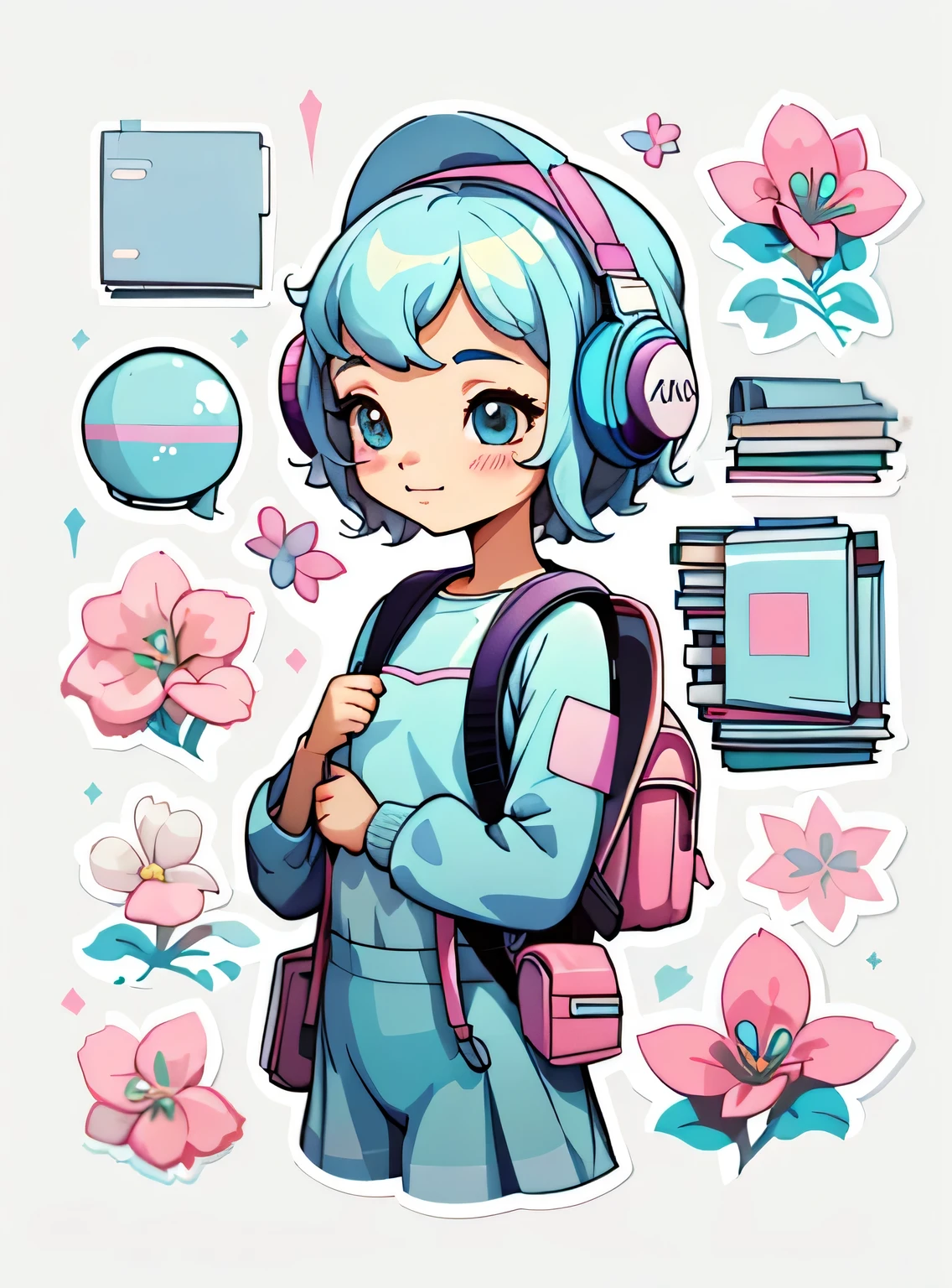 1 adesivo, manual, (uma garota estilosa, modelo, tampo azul, fresco e fresco), fundo rosa e branco, fundo simples, minimum, fones de ouvido, livros, computador, Flores, mochila, elementos escolares, Bonitinho, pequeno, cor pastel, estilo vetorial, sem gradiente,sorridente