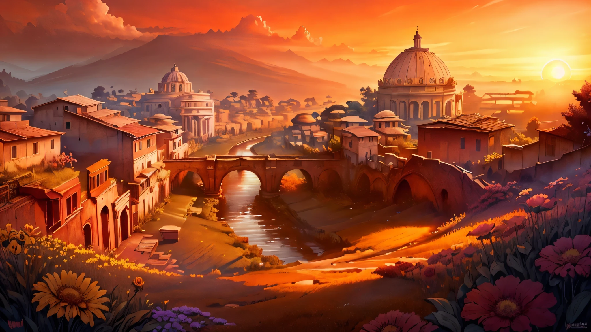 landscape RomaPunkAI,sunset,gorgeous color grading,masterpiece