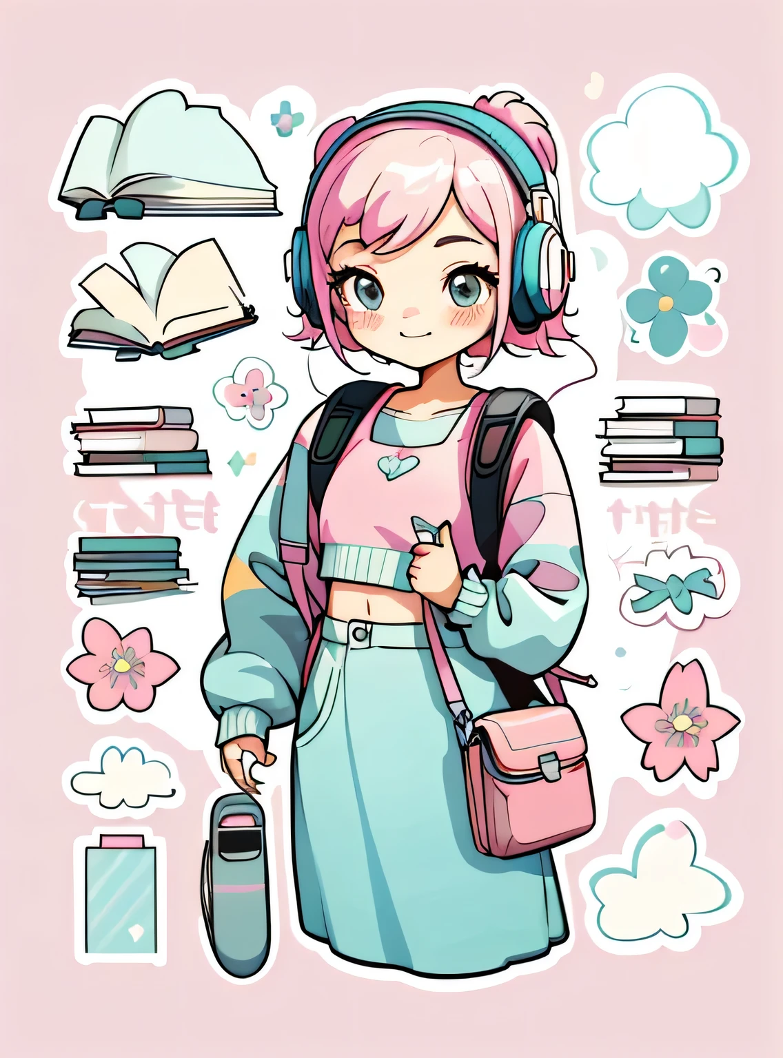 1 adesivo, manual, (uma garota estilosa, modelo, Top rosa, fresco e fresco), fundo rosa e branco, fundo simples, minimum, fones de ouvido, livros, computador, Flores, mochila, elementos escolares, Bonitinho, pequeno, cor pastel, estilo vetorial, sem gradiente,sorridente