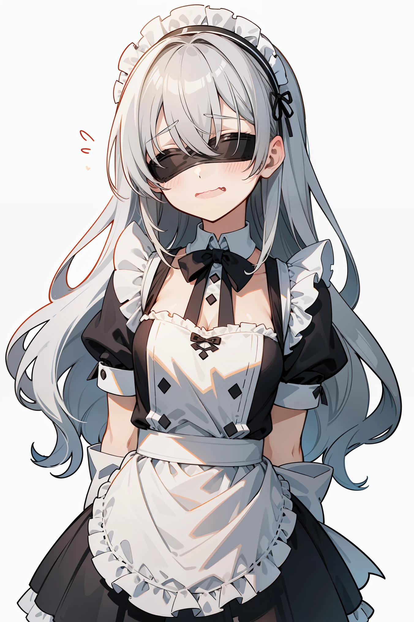 masterpiece, best quality, ultra high quality, 1girl, solo, young with long hair, gray hair, straight hair, blunt bangs, hair between eyes, (covered both eyes, blindfold), small breasts, flat chest, neutral, wavy mouth, open mouth, shy, blushing, wearing a victorian white dress, maid, victorian dress, apron, leggings, black pantyhose, upper body, standing, arms behind back, white background, simple background, 