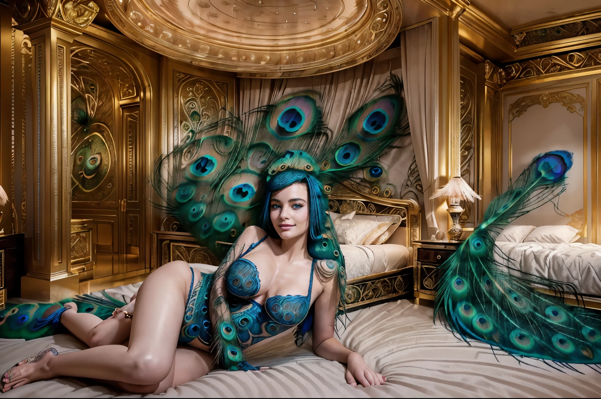 Beautiful erotic woman 20 years old, blonde hair, blue eyes, (perfect face:1.4), see through nightgown, large tits, (ornate detailed billionaires luxury bedroom:1.6), sitting on bed, seductive erotic pose and (seductive smile:1.3), (perfect, realistic skin:1.4), (full body:1.5), (Peacock feather:1.6), (hyperrealism:1.5), 8k