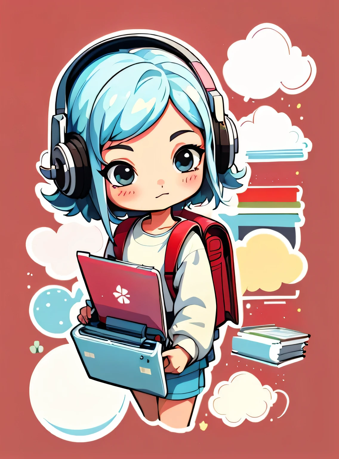 1 adesivo, manual, (uma garota estilosa, modelo, Topo branco, fresco e fresco), fundo vermelho, fundo simples, minimum, fones de ouvido, livros, computador, Flores, mochila, elementos escolares, Bonitinho, pequeno, cor pastel, estilo vetorial, sem gradiente,sorridente