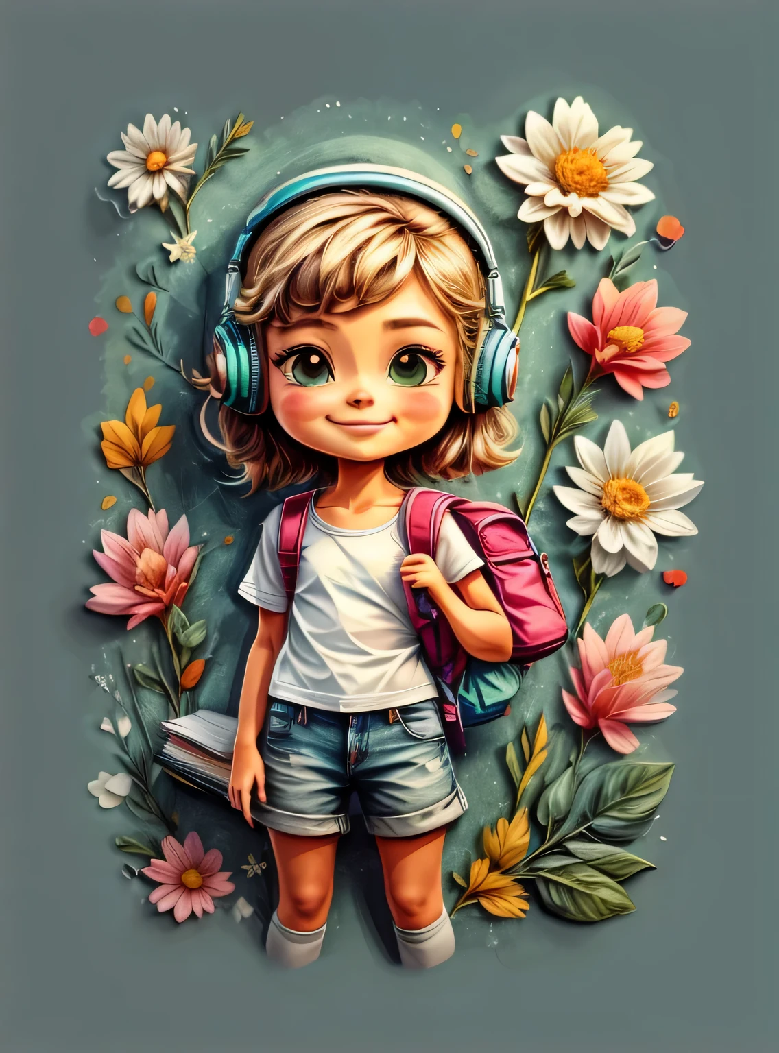 1 adesivo, manual, (uma garota estilosa, modelo, Topo branco, fresco e fresco), fundo verde, fundo simples, minimum, fones de ouvido, livros, computador, Flores, mochila, elementos escolares, Bonitinho, pequeno, cor pastel, estilo vetorial, sem gradiente，sorridente