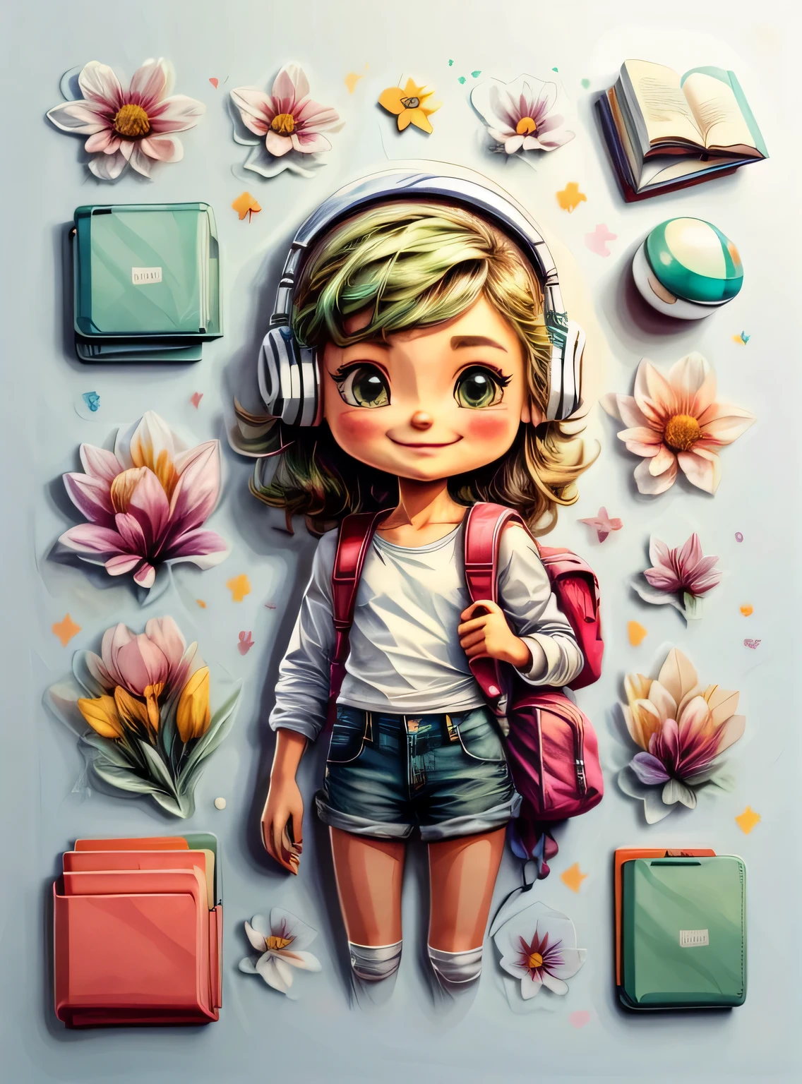 1 adesivo, manual, (uma garota estilosa, modelo, Topo branco, fresco e fresco), fundo verde, fundo simples, minimum, fones de ouvido, livros, computador, Flores, mochila, elementos escolares, Bonitinho, pequeno, cor pastel, estilo vetorial, sem gradiente,sorridente