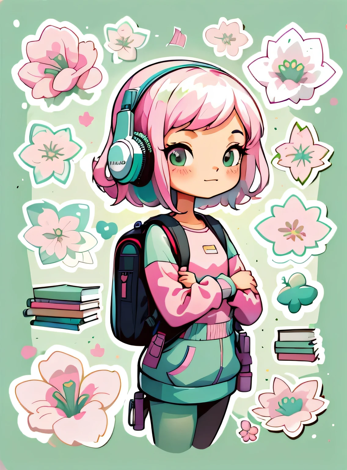 1 adesivo, manual, (uma garota estilosa, modelo, Top rosa, fresco e fresco), fundo verde, fundo simples, minimum, fones de ouvido, livros, computador, Flores, mochila, elementos escolares, Bonitinho, pequeno, cor pastel, estilo vetorial, sem gradiente,sorridente
