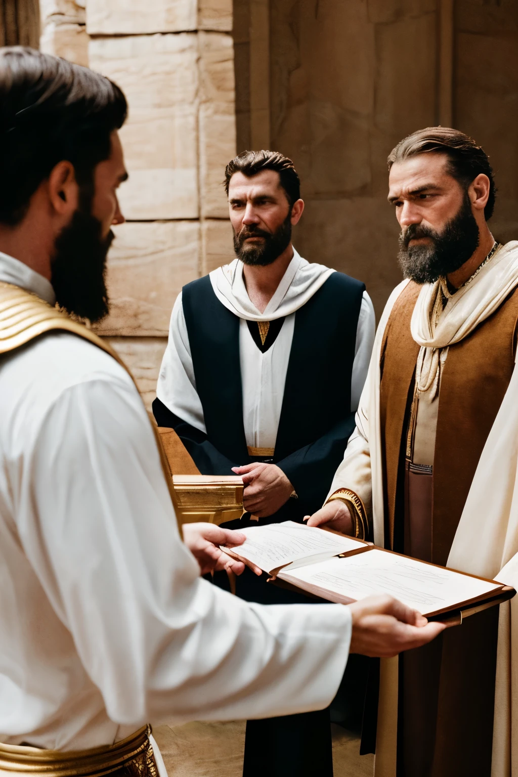 8k, photo realistic, photography, hyper realistic, Scene: a king man dressed in biblical period clothes, talking furiously with a group of men, dressed in biblical period clothes, ordering something, CAMERA MODEL: Nikon Z7 II | CAMERA LENSE: 85mm f/1.8 | SPECIAL EFFECTS: Soft focus, natural light | TAGS: Love, complex emotions, affection, warmth, respect, surprised, angry