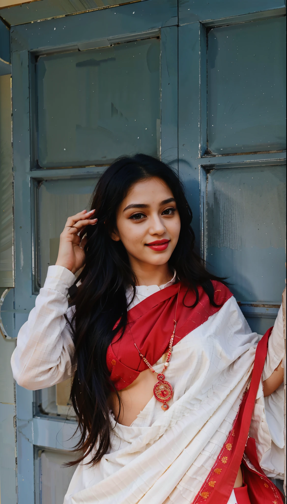 (masterpiece),(best quality:1.0), (ultra highres:1.0), detailed illustration, 8k, 1girl, beautiful girl, wearing a white and red saree, beautiful saree, intricate details, black eyes, detailed eyes, black hair, detailed hair detailed, highlights on hair, smiling, matte red lipstick, red lips, best quality, detailed