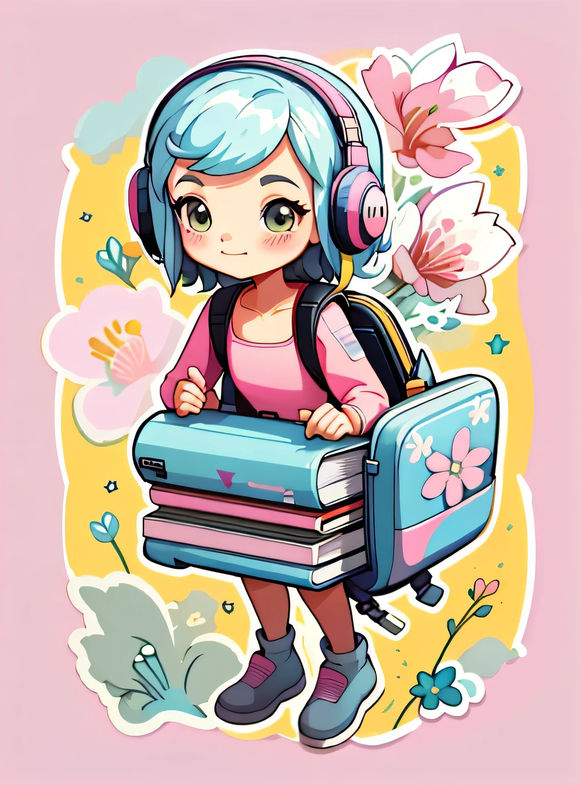 1 adesivo, manual, (uma garota estilosa, modelo, Top rosa, fresco e fresco), Fundo AMARELO, fundo simples, minimum, fones de ouvido, livros, computador, Flores, mochila, elementos escolares, Bonitinho, pequeno, cor pastel, estilo vetorial, sem gradiente,sorridente