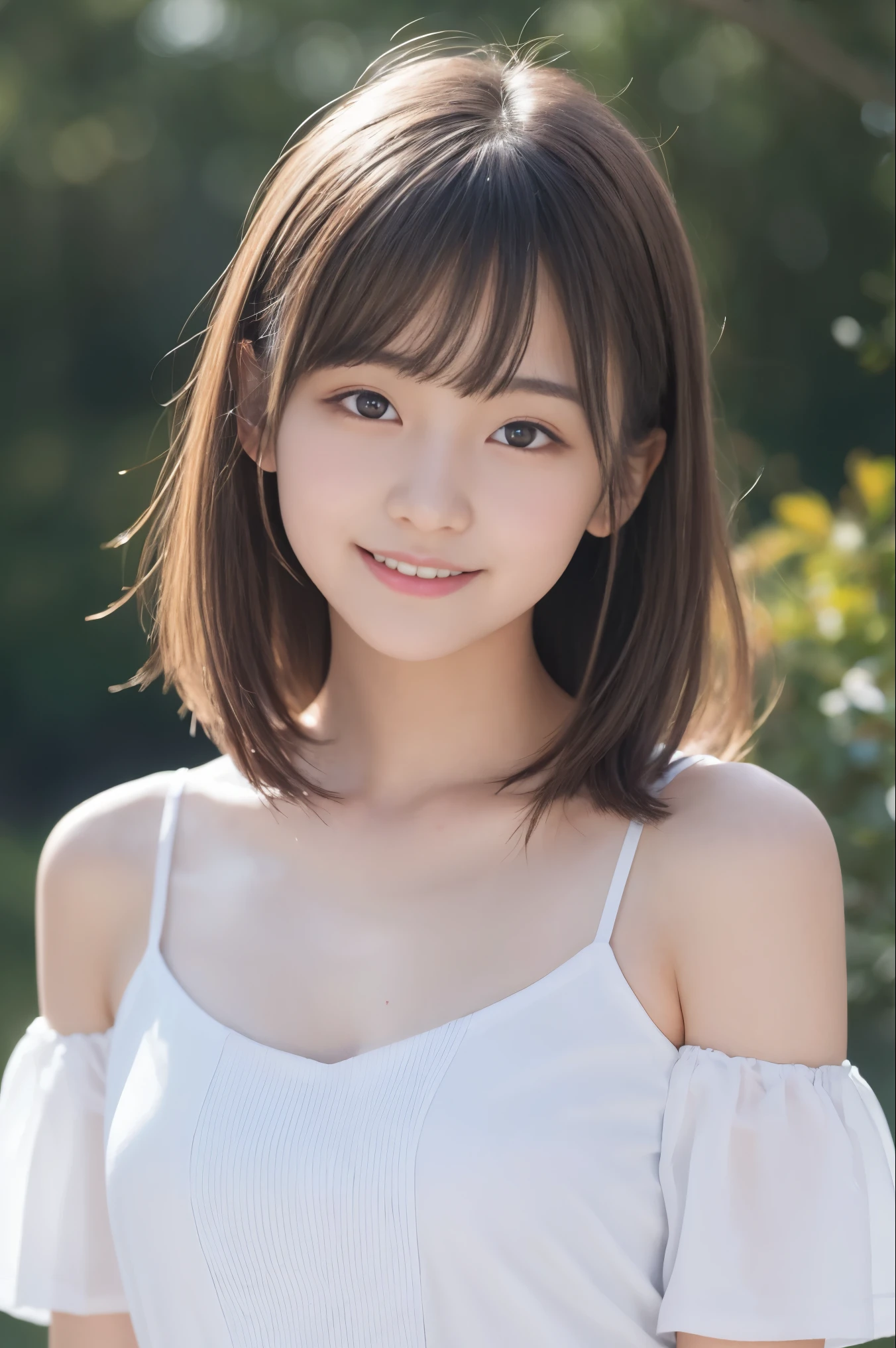 Bright pink background、highest quality、ultra high resolution、Beautiful woman、cute、alone、japanese woman。full body shot、beautiful 15 year old student、high school girl、laughter。Beautiful big breasted young female model。bright look、photorealism、extraordinary beautiful girl、beautiful face、(face to face with the children)、shining white skin、light brown straight hair、thin hair、Attractive beautiful brown eyes、double eyelid、、fashionable girl。The shoulders and collarbones are visible through the white shirt.。full body portrait。Healthy face。Skin Care Cosmetics、professional lighting。