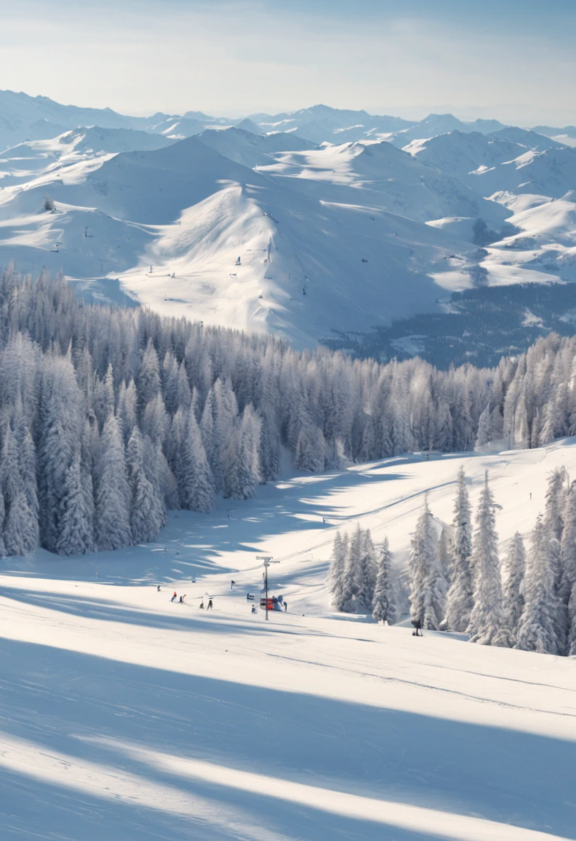 Ski resort scene, distant view, lifts, people skiing on slope, sunny day, 4K image.