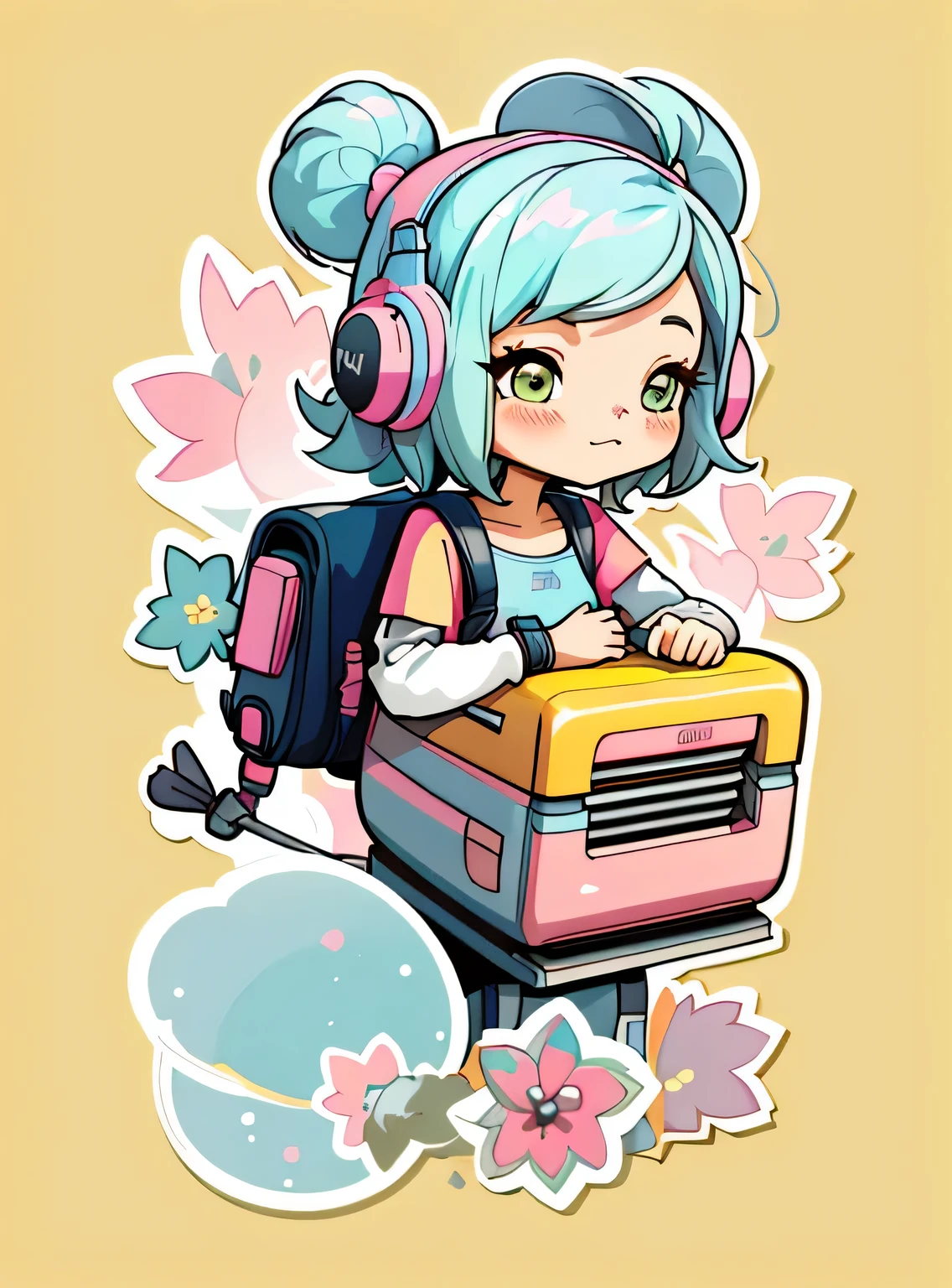 1 adesivo, manual, (uma garota estilosa, modelo, Top rosa, fresco e fresco), Fundo AMARELO, fundo simples, minimum, fones de ouvido, livros, computador, Flores, mochila, elementos escolares, Bonitinho, pequeno, cor pastel, estilo vetorial, sem gradiente，sorridente