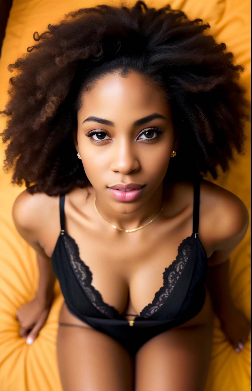 ((1 Young and beautiful light skin black girl:1.2)), Super beautiful detailed face, Stare at me, open mouth slightly, Highest Quality, High definition RAW color photos, Professional Photography, Cinematic lights, (Fine face:1.2), (View:1.2), ((cleavage:1.2)), Slender and beautiful girl, ,  detailed, Very thin pubic hair, Spread your legs open, Pleasure, feels good, Portrait of a beautiful girl, bedroom, (from above:1.3), (Best Quality:1.2), Super Detail, high details, masterpiece