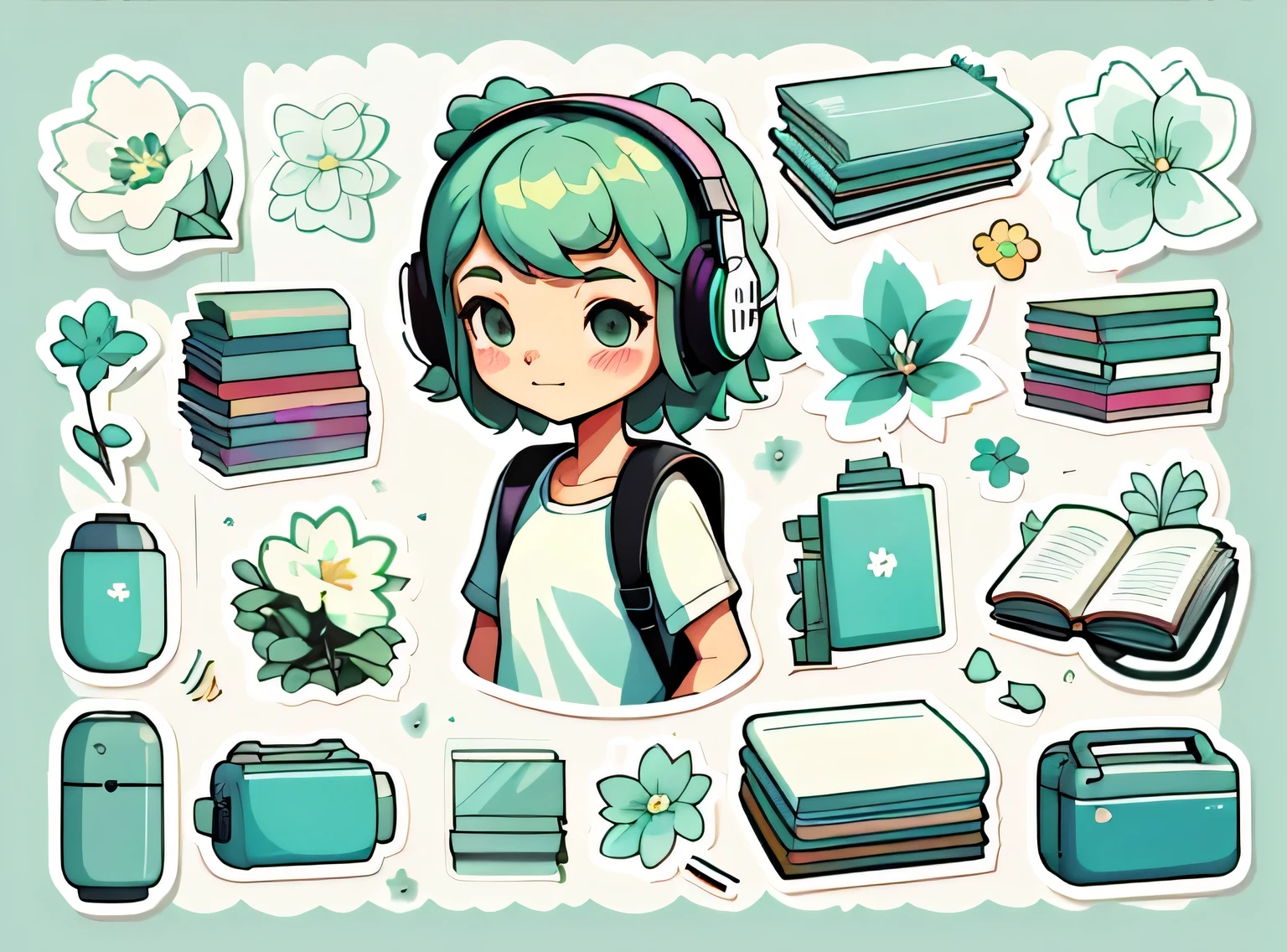 1 adesivo, manual, (uma garota estilosa, modelo, Topo branco, fresco e fresco), fundo verde, fundo simples, minimum, fones de ouvido, livros, computador, Flores, mochila, elementos escolares, Bonitinho, pequeno, cor pastel, estilo vetorial, sem gradiente,sorridente