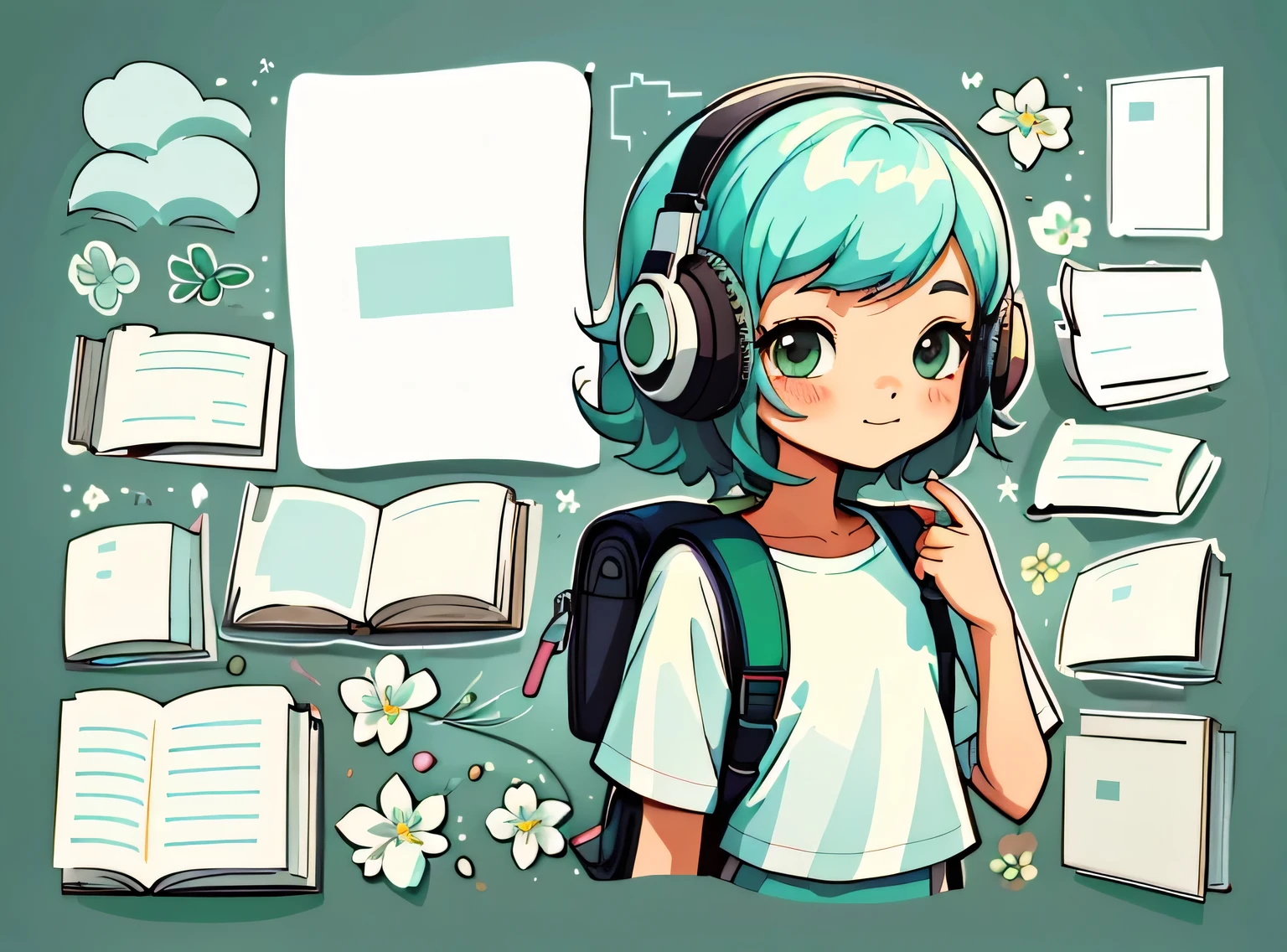 1 adesivo, manual, (uma garota estilosa, modelo, Topo branco, fresco e fresco), fundo verde, fundo simples, minimum, fones de ouvido, livros, computador, Flores, mochila, elementos escolares, Bonitinho, pequeno, cor pastel, estilo vetorial, sem gradiente,sorridente