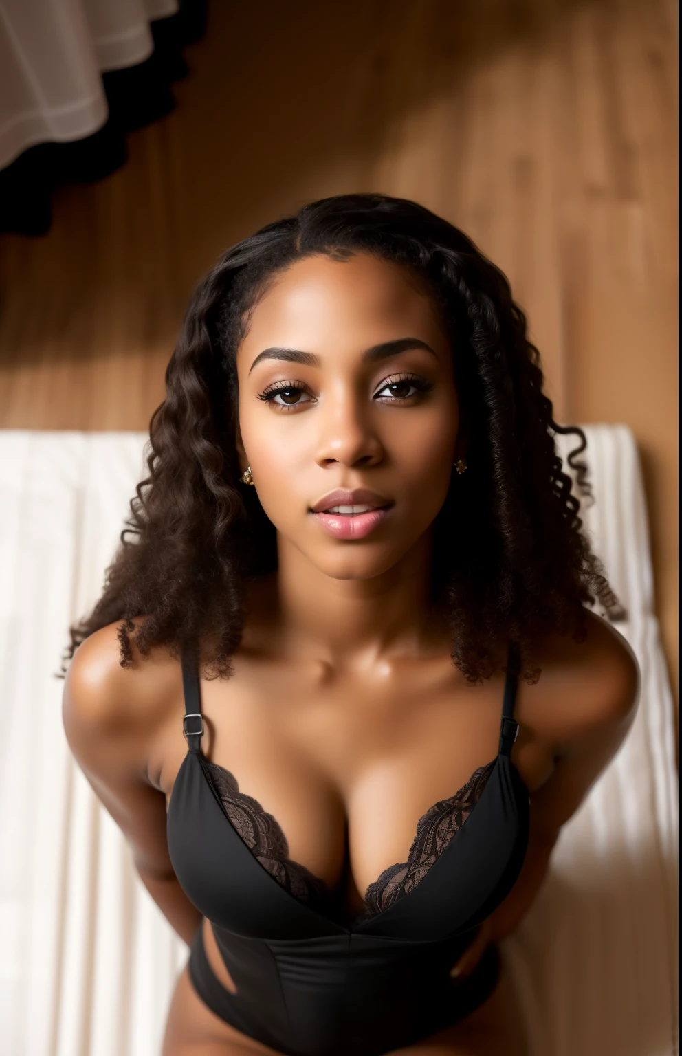 African American Model, , D cup breast, Daughter, Lingerie, seductive, toned with abs, Kind, Round ass, Long black hair, 8k Resilution, highly detailed.