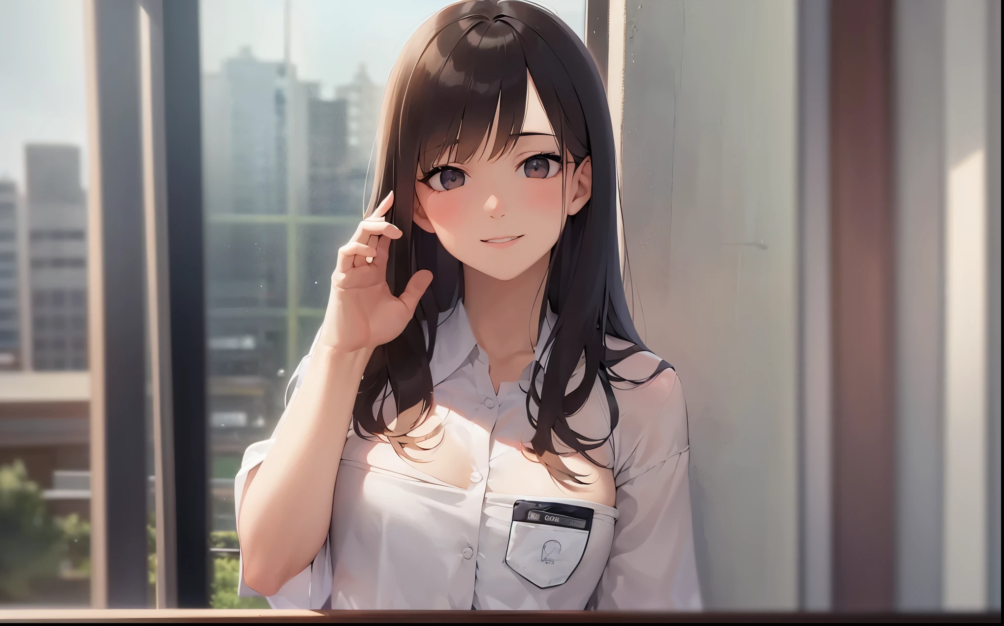 The background is a conference room、wall、window