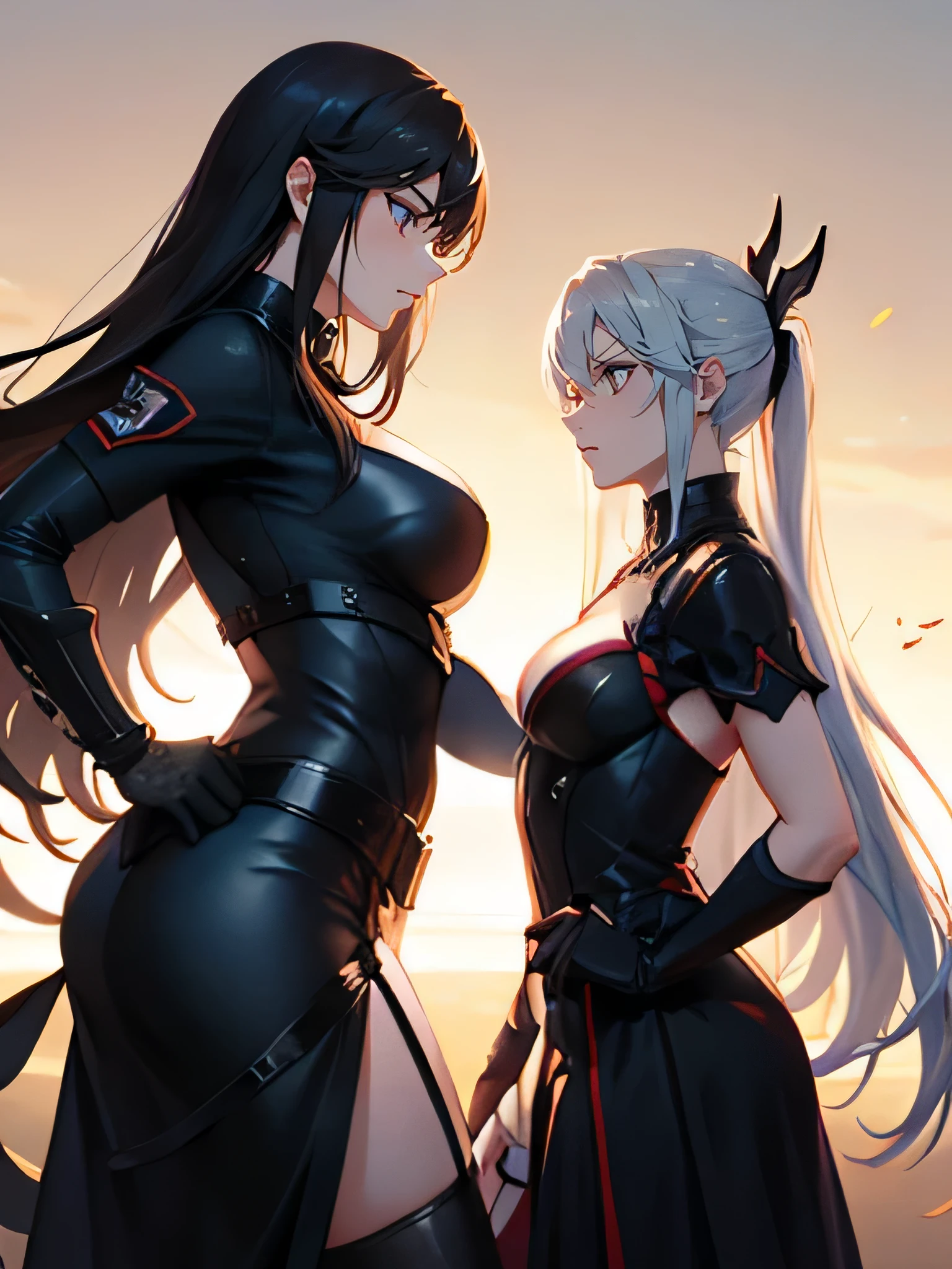 Two serious women wearing black technological dress in combat pose , uma mulher de longos cabelos negros contra uma mulher palida de cabelos brancos longos, peitos grandes, seios grandes, buceta, bunda grande, two woman vs, seios grandes gigantes, decote, agressividade