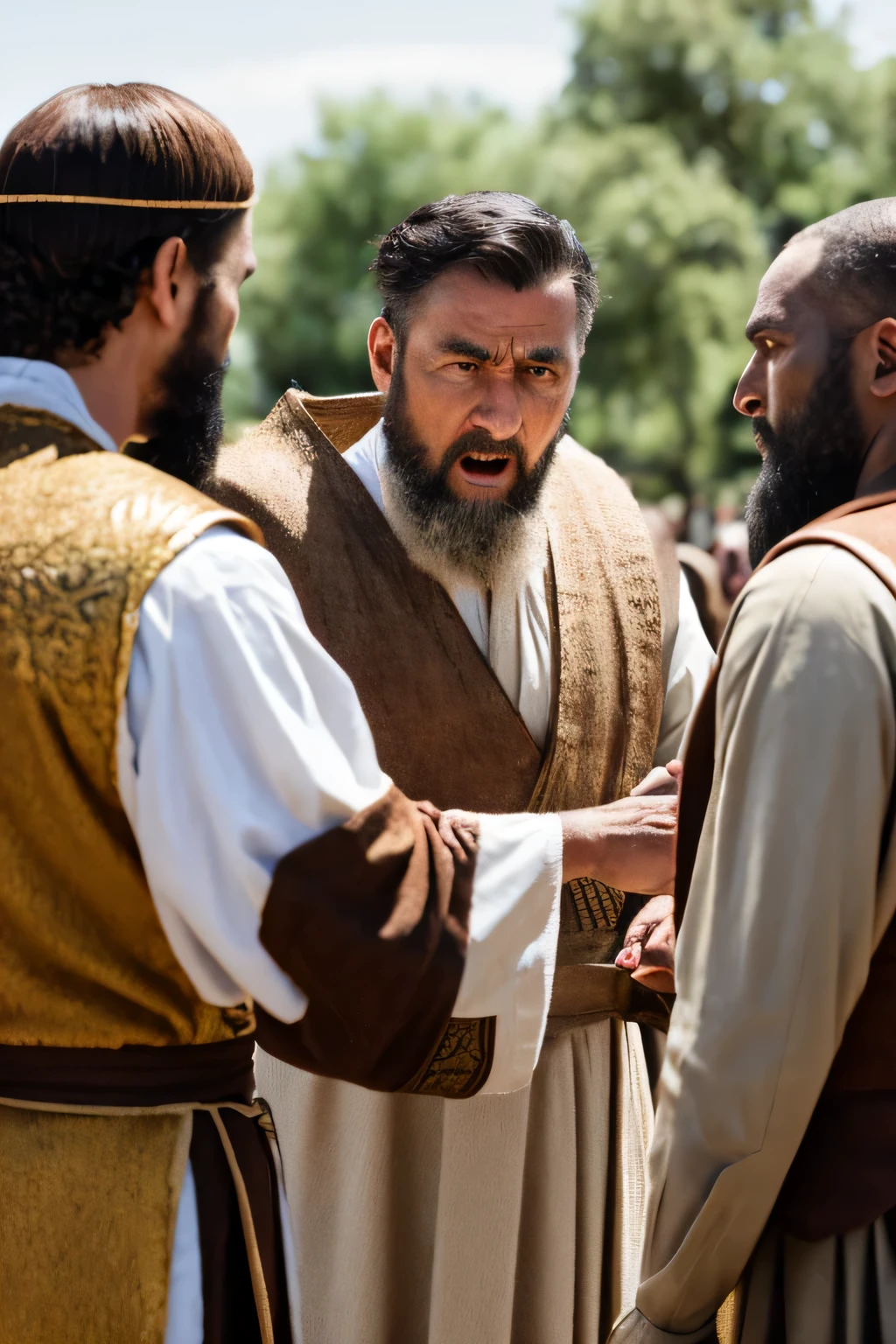 8k, foto realista, fotografia, hiper-realista, cena: a king man dressed in biblical period clothing, conversando muito furiosamente com um grupo de homens, dressed in biblical period clothing, pedindo algo, CAMERA MODEL: Nikon Z7 II | LENSE CAMERA: 85mmF/1.8 | efeitos especiais: foco suave, luz natural | TAG: amor, complex emotions, affection, cordialidade, respeito, surpreso, nervoso