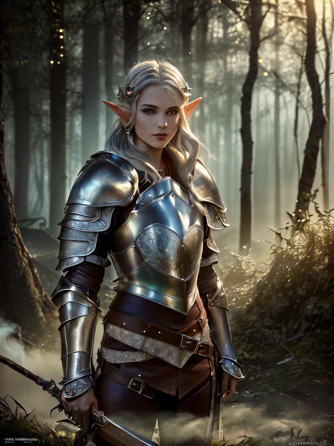 (Numerous award-winning masterpiece, with incredible detail, textures and maximum detail), (hyper realistic:1.4), (Full body image:1.8),((fantasy world)), (Beautiful elf female hunter:1.8),(languid and bewitching smile on the lips:1.5)(Seductive Gaze:1.9), best quality real texture skin, (bewitching finely Detailed and beautiful face:1.6),(Wearing a hunter leather armor set:1.99)(Image of aesthetic and decadent atmosphere:1.9), (fair but beautiful skin and face:1.8), (wearing many decadent and delicately crafted accessories:1.8),(Two eyes that emit strong green light from inside:1.4), ((dramatic photo)), ((cinematic light)),(dramatic pose), (smoke effects and bewitching light:1.4), (beautiful silver hair, Wind Effects:1.6), (Ruins of an old castle:1.7), (forest:1.6), pic realistic, faded, ((neutral colors)), art, (hdr:1.5), (muted colors:1.2), hyper detailed, (art station:1.5), cinematic, warm lights, light effect, dramatic light, (intricate details:1.1), complex background,
