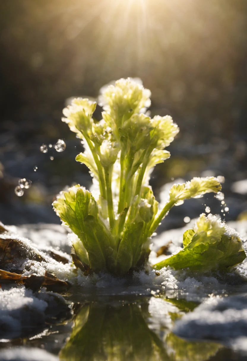 Scene of melting snow, zoomed in, butterbur flower, weak water flow, sunlight, 4K image.