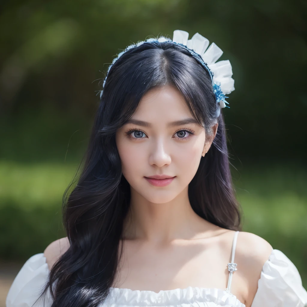 korean,realistic, masterpiece, final detail, photo realistic, intricate detail, octane rendering, 8K, 1Girl, full bodyperfect face, beautiful face, NSWF, trough reference, detail hair,, black bow, black gloves, black legs, blue eyes, blue hair, bow, collarbone, dress, drill hair, ruffles, ruffles, gloves, gwen, headdress, highres, long hair, parted lips, puffy sleeves, purple eyes, smile, solo, white dress, oil skin,
