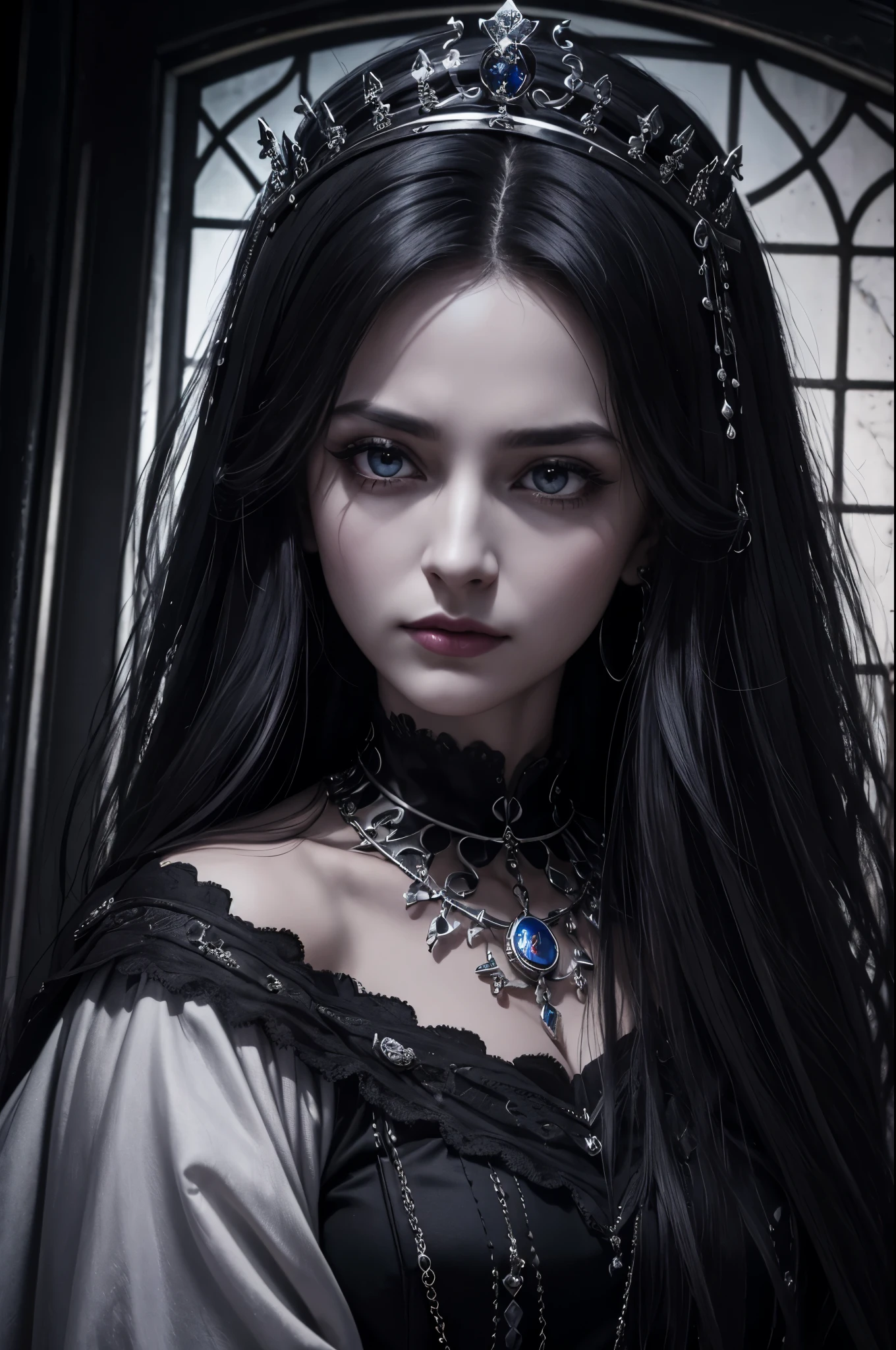 Black and silver tones、Hell、purgatory、Mozart's Requiem、Mystical、horor、gotik、darkness、karo、badas、epidemic、ruler、Pitch Black Darkness、hopelessness、lamentation、oppression、nothingness、intense cold、Black Ghost、Adult female mature woman in her 40s、Lifeless eyes、Queen of the Dead、Persephone、lilith、hades、Greatest awe、immortal、draconian、dignity、Awe-inspiring Hall々、Proud、noble、dignity、solemnity、Bewitching、accomplishment、hatred、obsession、jewely、ruthless、greed、Lack of warmth、3-point live method、Oil Painting、Best Quality、hight resolution、foco nítido、Perfect Angle、Perfect shadow representation、perfect-composition、From Side、Portrait of Queen D,Highly detailed footage of the Queen of the Dead,Stunning portrait of the Queen of the Exparted,Portrait of the Queen of the Dead,Queen of the Dead Full Body