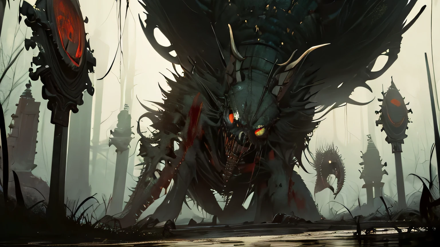a dark yellow deformed monstrous gore creature, with yellow tentacles and bloody corpse, crawling in the dark of the night, surrounded by dark yellow mist and tentacles, blood and darkness