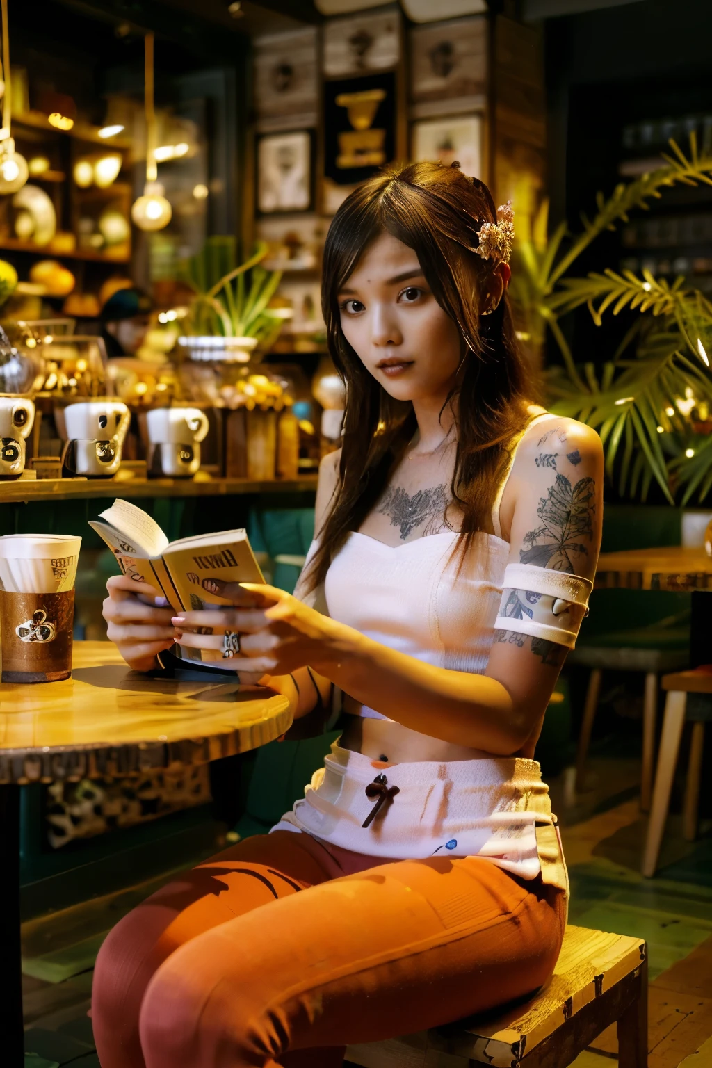 ((Benevolent voluptuous ((Laotian)) 18 yo barista)) sitting at wooden table while intently reading book, (wearing tight streetwear outfit), tattoos on arms and legs, wearing smartwatch, high quality photo, sitting in the middle of the quiet (goth themed cafe with copious potted cannabis sativa plants) during golden hour