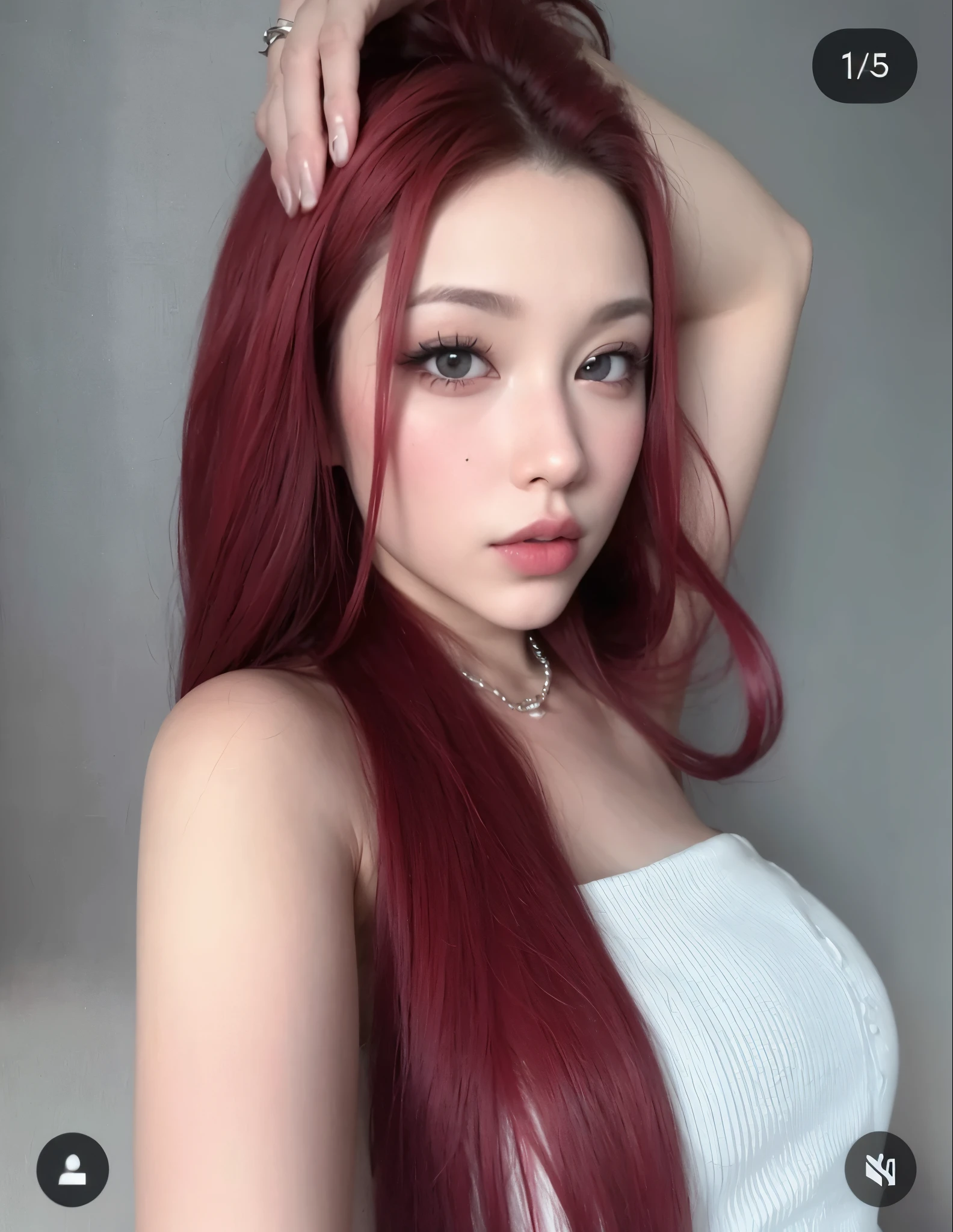 a close up of a woman con el pelo largo y rojo and a white top, peluca roja, bella delfina, amoranto, solo skydoll, Pelo rojo largo y liso, muchacha coreana, chica anime en la vida real, con pelo largo y ojos penetrantes, con el pelo largo y rojo, piel roja suave, pale red, crimson red hair and red eyes