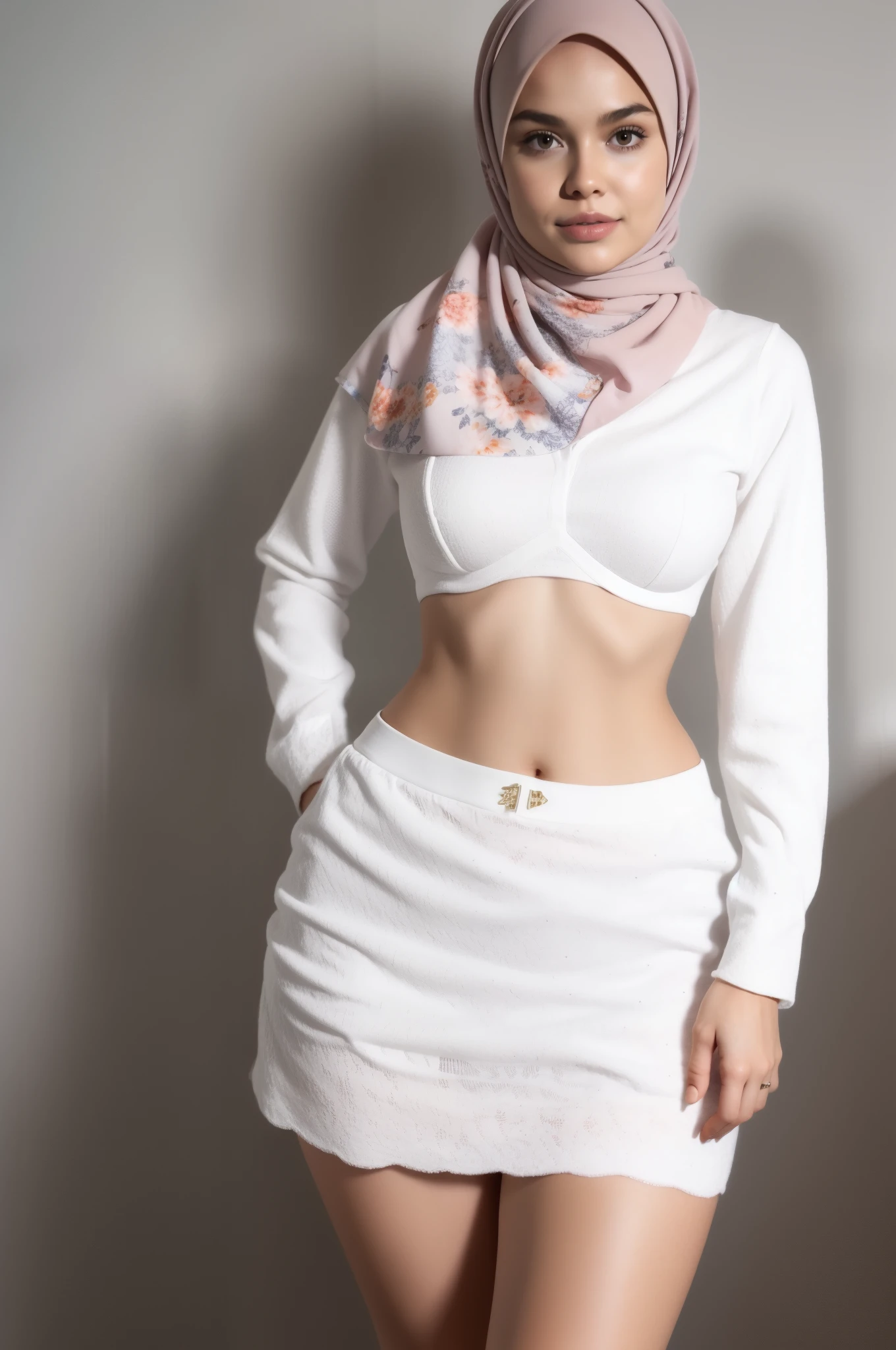 (HIJAB PATTERN FLOWERS) (CHUBBY & BBW) WHITE BRA WEARING MINI SKIRT