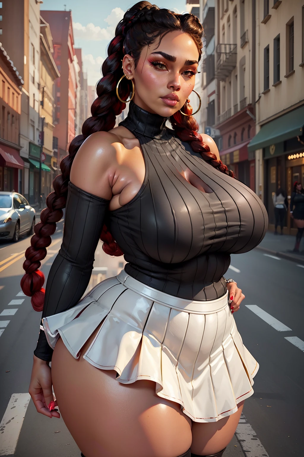 lewd, huge, curvy bbw, thicc, plump, thick body, oppai proportions, black hair, red hair, braids, young girl, latina, arched eyebrows, big lips, glossy lips, hot face, large hoop earings, bimbo face, thick thighs, wide hips, cleavage, perfect face, perfect eyes, black thighhighs, bare shoulders, ((black ribbed turtleneck sweater)), ((white pleated skirt)), standing, city street, shiny tanned skin, detailed face, detailed body, cowboy shot, huge ass
