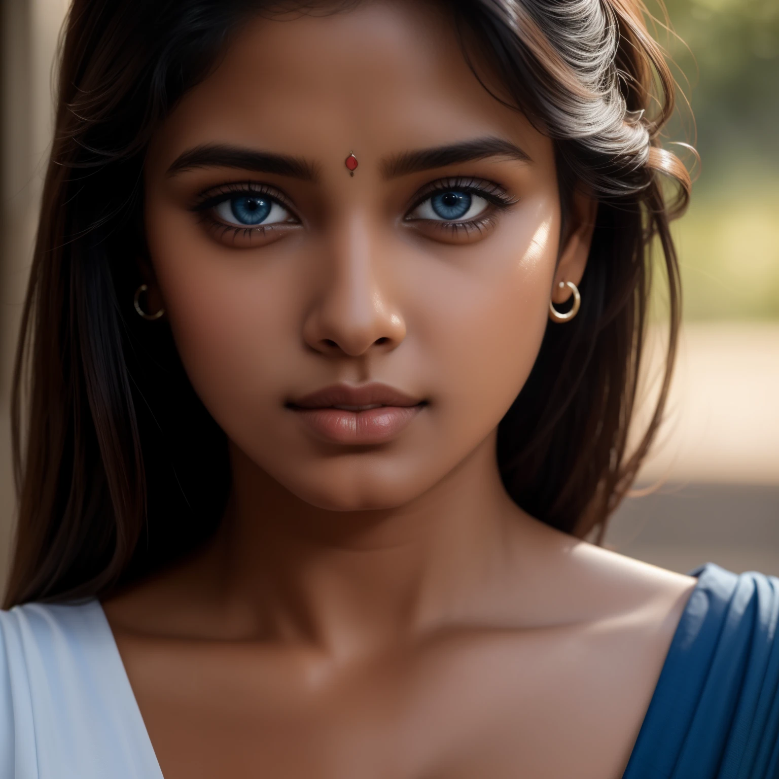 Masterpiece, a South Indian beauty, age 23, ((Sridevi:Revathy:0.5)), sexually appealing, sparkling blue eyes, brown hair cascading down to her shoulders, looking directly at the camera with a captivating expression, ultra-high definition, (10k resolution), realistically rendered, film grain: 0.8, warm hue, high contrast, Canon EOS R5, close-up shot, rim light, backlight, natural sunlight, skin texture: 1.4, detailed pores and textures.