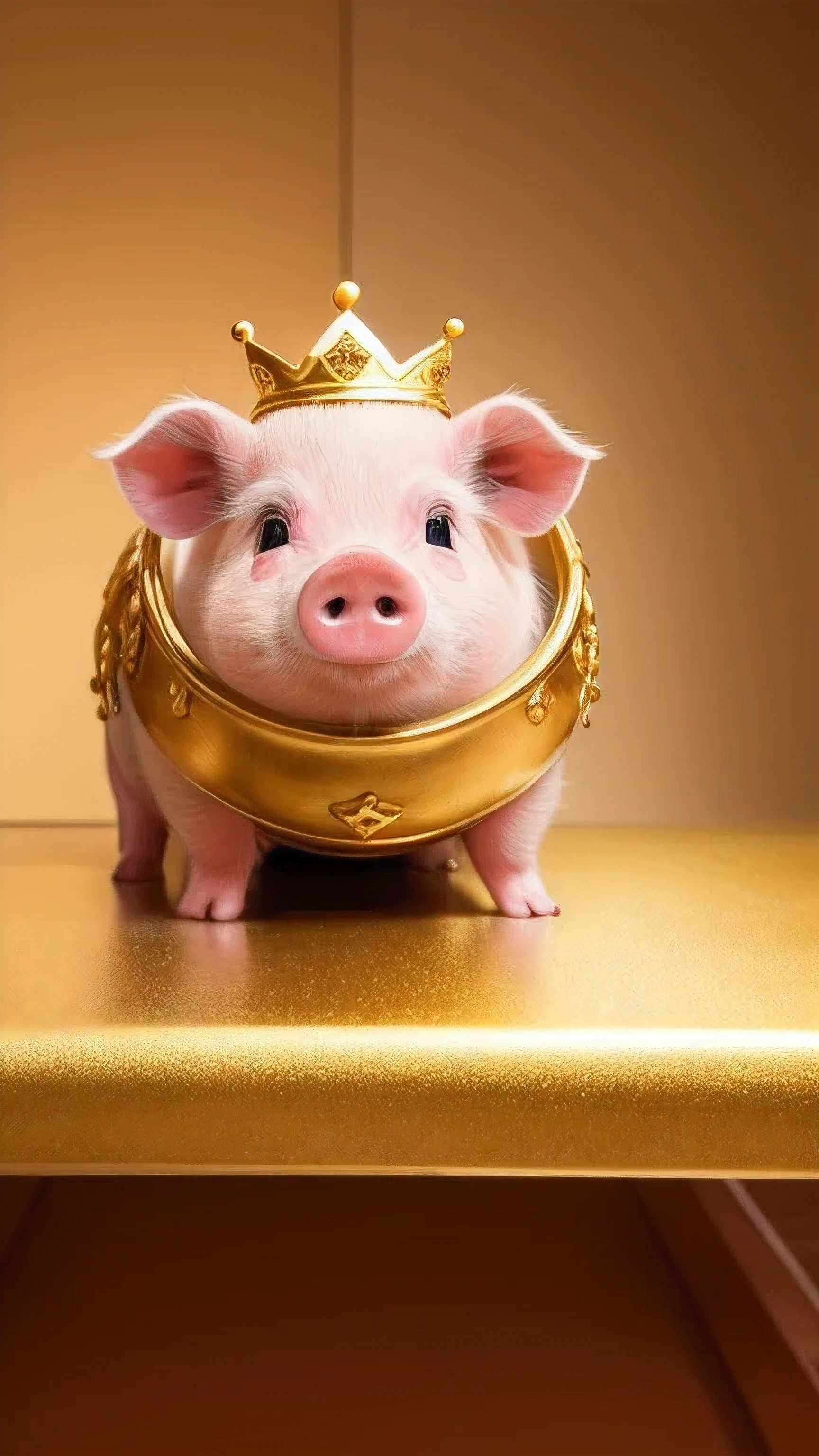 masterpiece, best quality, 8k, 4k, pig with a golden crown, Cute pig, ((front viewing)), ((front face)), look at the front, smile, cuty pig, golden clothes, golden color background, gold background, 1 pig, center of photo, golden clothesを着た, sitting
