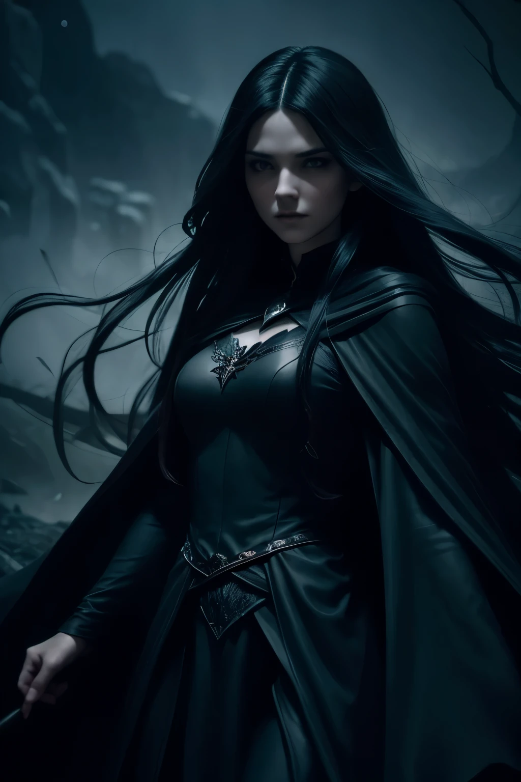Dark fantasy of a beautiful girl, long flowing hair, wearing a black cape, evil expression, looks at camera, dark setting, mystical magical fantasy enchanted ethereal, cinematic shot, cinematic scene, stunning, magical fantasy, diffused lighting, side lighting